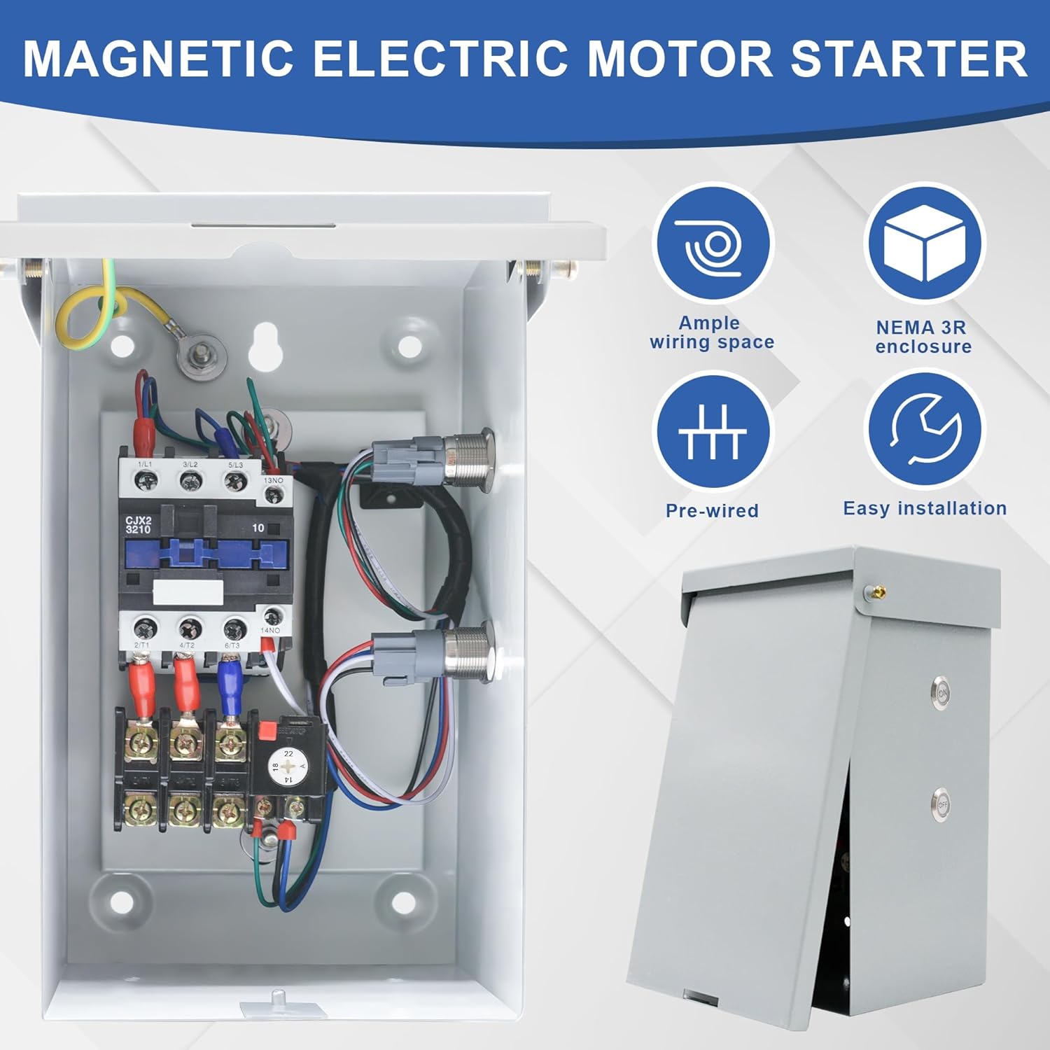 7.2 Hp 1-Phase Magnetic Motor Starter, 220-240 Volt 14-22 Amp Magnetic Switch for Motors, Ample Wiring Space NEMA 3R Rated Motor Starters for Indoor/Outdoor Use (Single-Phase 22A)