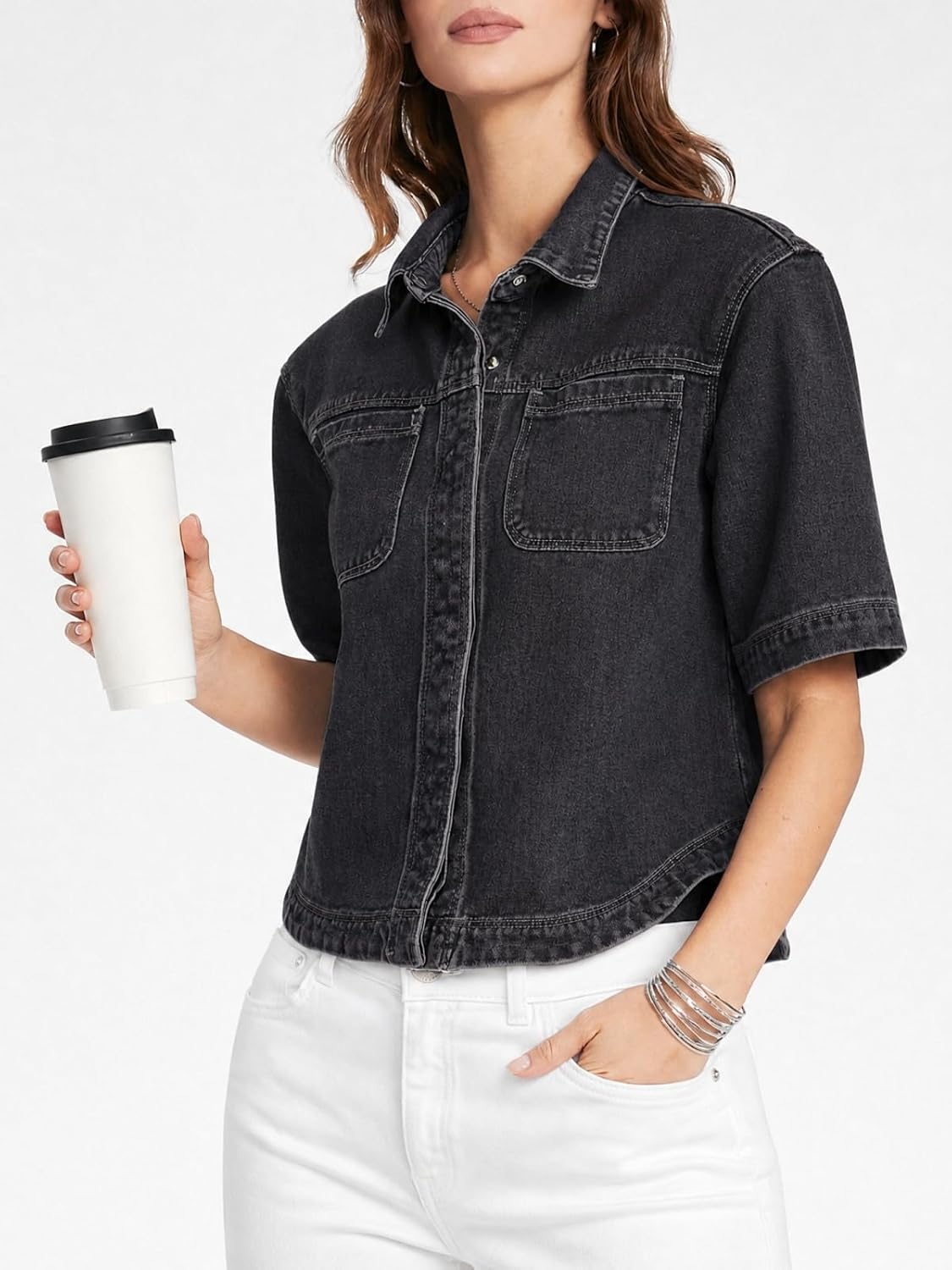 Kedera Women Denim Shirt Tops Short Sleeve Button Down Casual Jean Coat Trendy Jacket Shacket