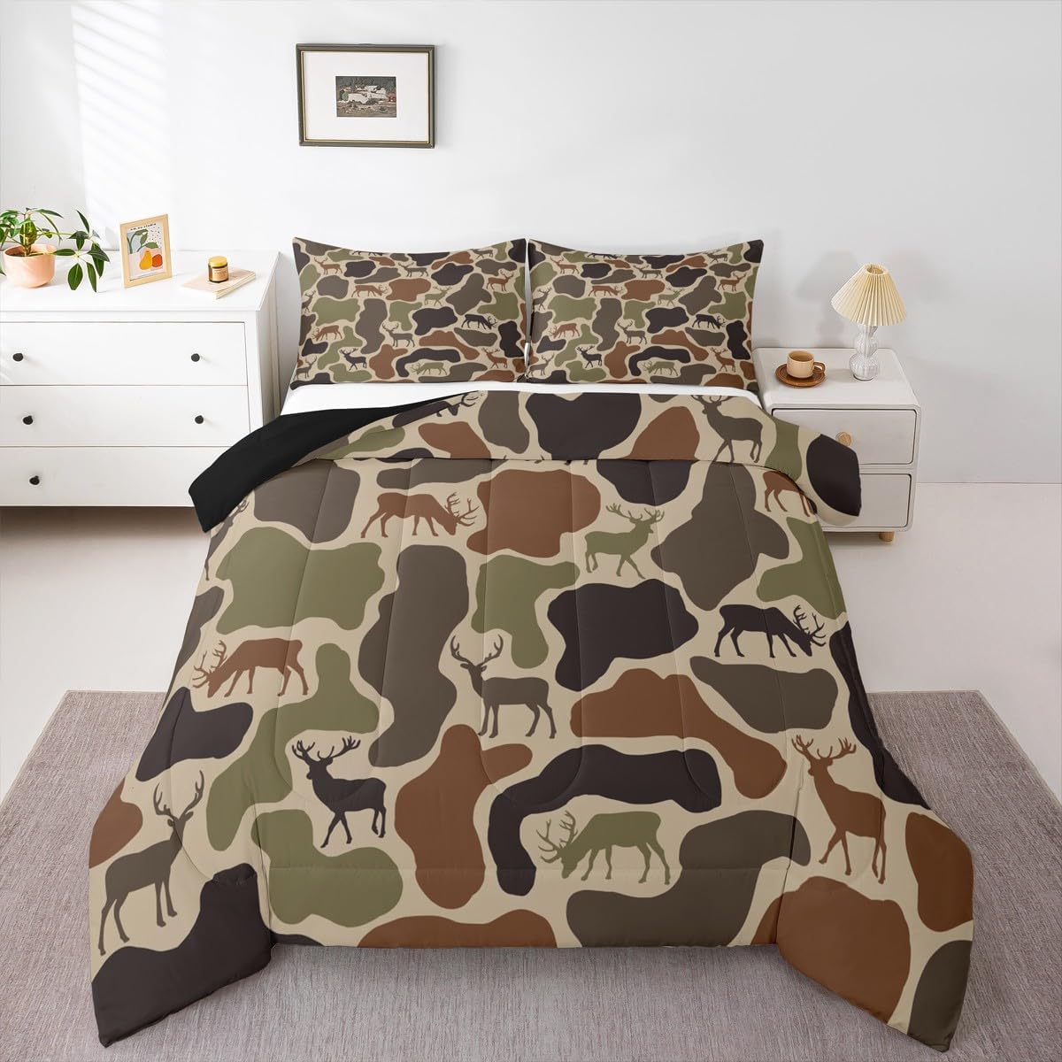 Erosebridal Camo Deer Bedding Set Full Camouflage Hunting Deer Comforter Set for Kids Girls Women Green Military Army Camo Down Comforter Country Hunter Wildlife Bed Set Bedroom Decor