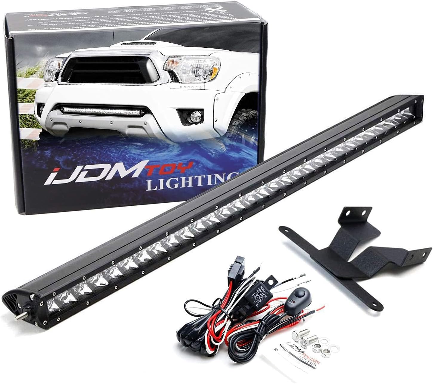 iJDMTOY Lower Grille Mount 30-Inch LED Light Bar Compatible with 2005-2015 Toyota Tacoma, Includes (1) 150W High Power CREE LED Lightbar, Bumper Opening Mount Brackets & On/Off Switch Wiring Kit
