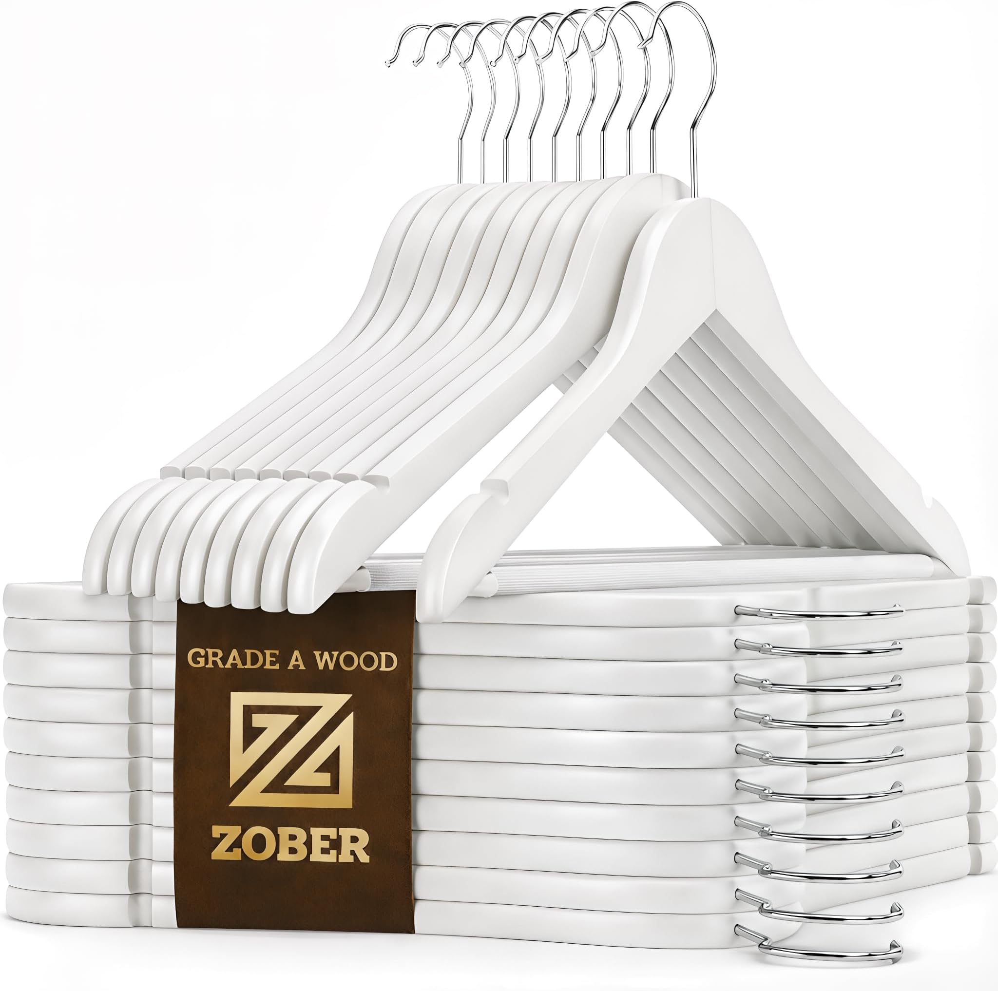 ZOBER White Wooden Hangers - Heavy Duty, Non Slip Wood Hangers for Coats, Jackets, Suits, & Pants - Coat Hangers for Closet W/Bar and Notches 20 Pack (White, 20 Pack)