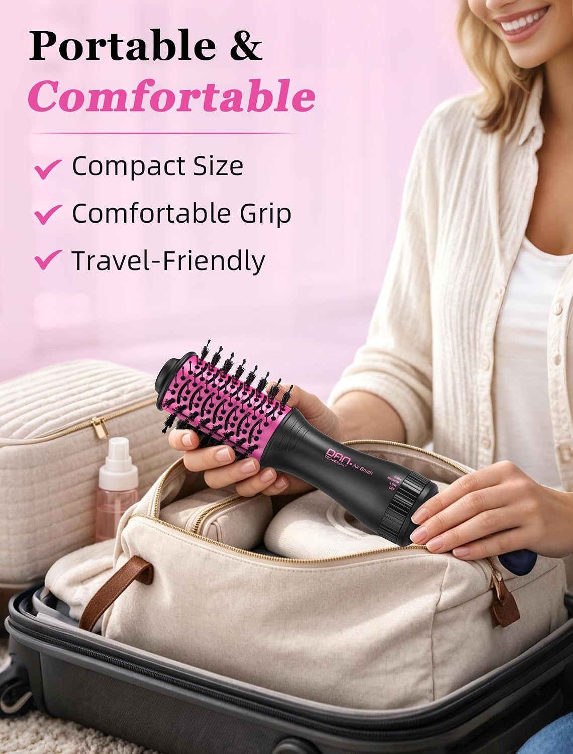 Mini Travel Ceramic Blow Dryer Brush for Short to Medium Hair, 2 Inch Oval Styling Hot Air Brush with 3 Heat Settings, Lightweight Volumizing & Smoothing Tool, 120V, Black Pink