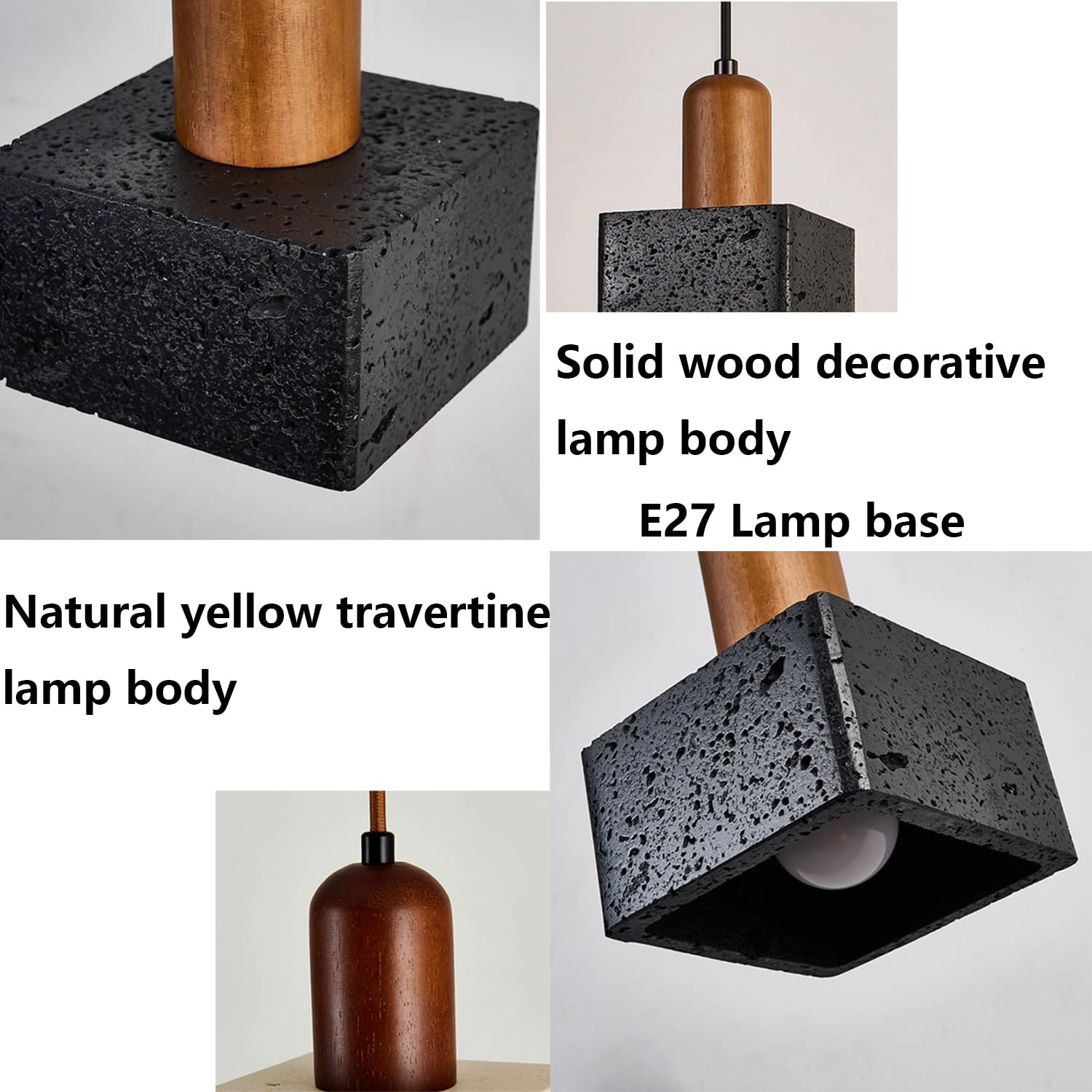 Lampa Wisząca Z Trawertynu Lampa Wisząca Kwadratowa 4,7 Cala Naturalny Porowaty Trawertyn, Sztuka Z Drewna, Podstawa E27 Wabi-sabi W Stylu Japońskim Do Domu, Korytarza, Kawiarni, Sklepu