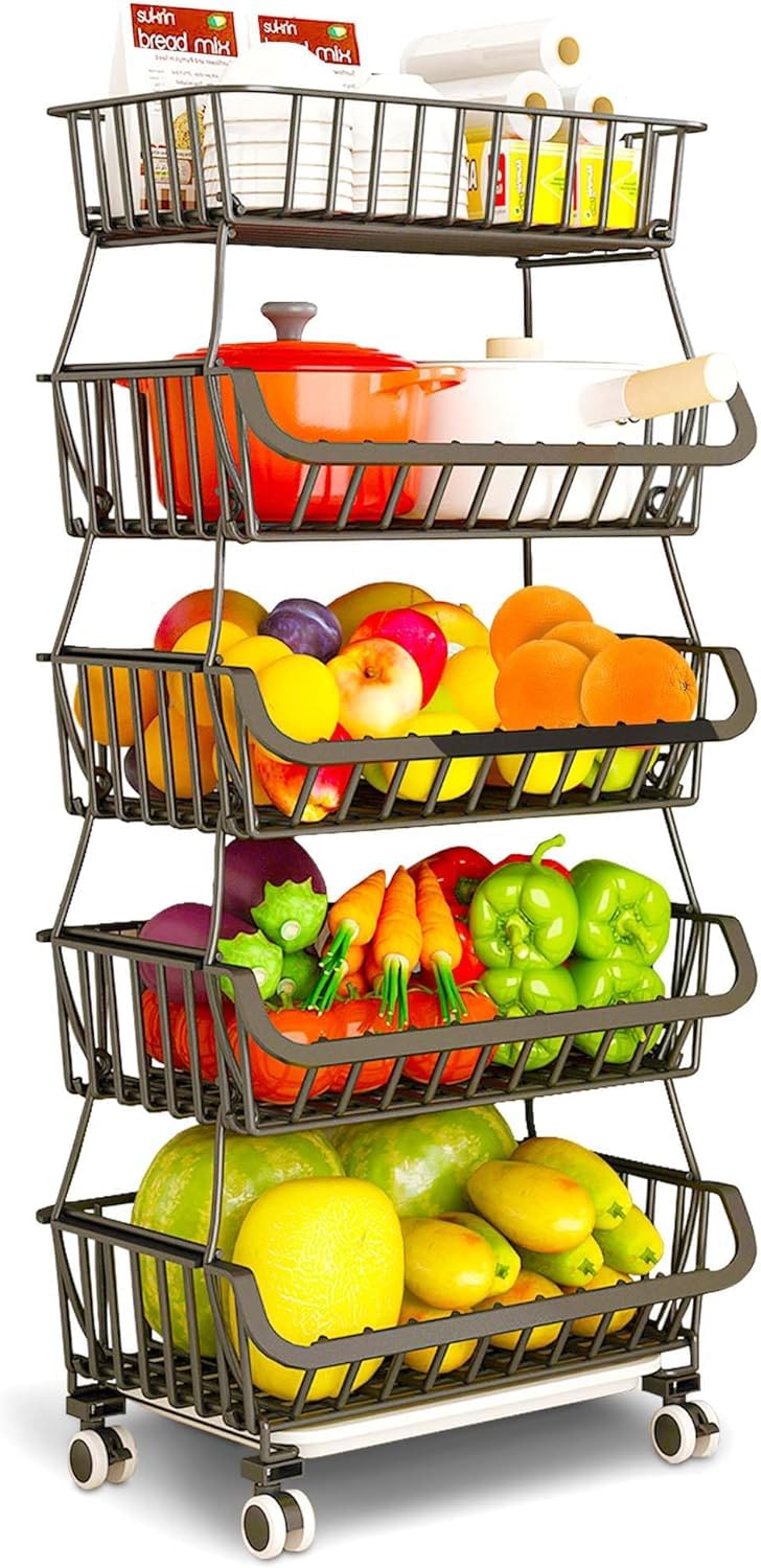 Cesta de frutas y verduras de hierro DINEST con 5 niveles rodantes para optimizar espacio