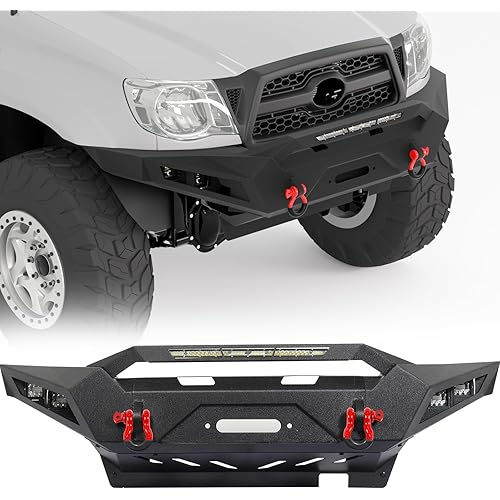 05-15 Tacoma Front Bumper Full Width Offroad Bumper Compatible with 2005-2015 Toyota Tacoma 2nd Gen Pickup Trucks w/Winch Plate & 1x 156W Light Bar & & 4 x LED Lights & D-Rings, Red Plate is Removable