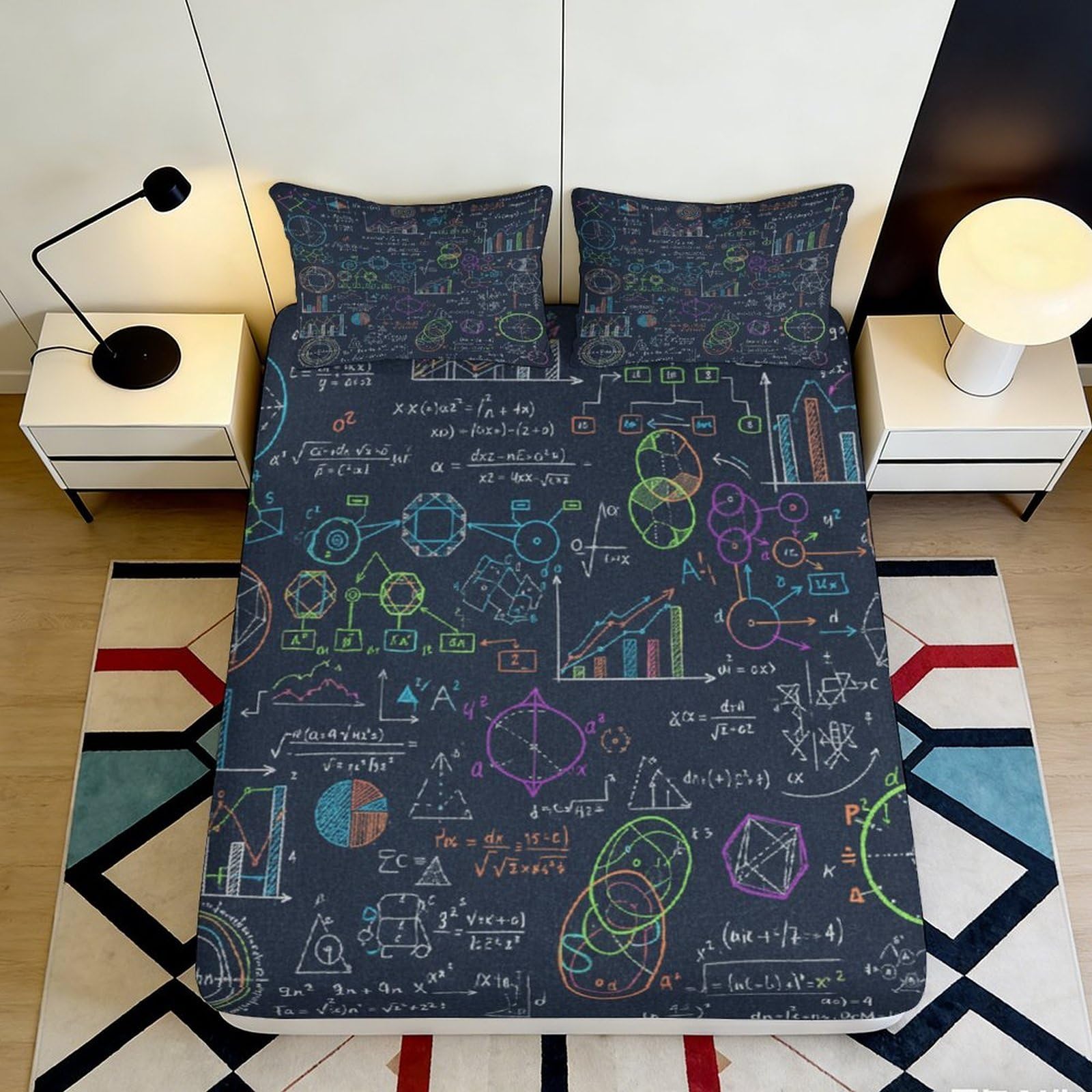 3D Printed Science Formula Fitted Sheet Microfiber Black Chalkboard Bed Cover for Bedroom Dorm Mattress Decor 90x200x25cm