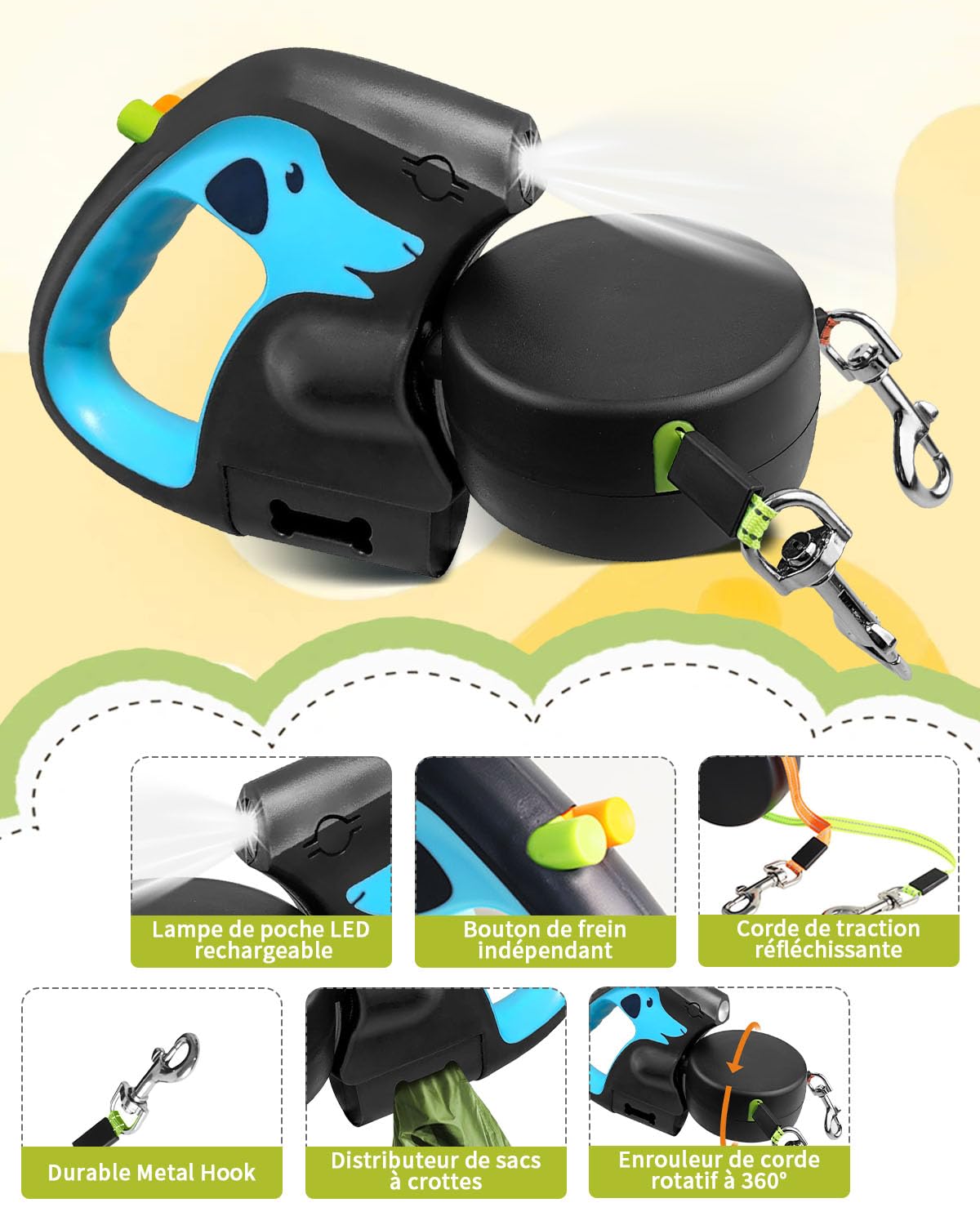 Laisse Double pour Chien Rétractable 3m, Rotation 360°, Promenade Facile pour 2 Chiens de Petite et Moyenne Taille, Poignée Antidérapante, Anti-Nœuds, LED et Distributeur de Sacs à Déchets, Bleu