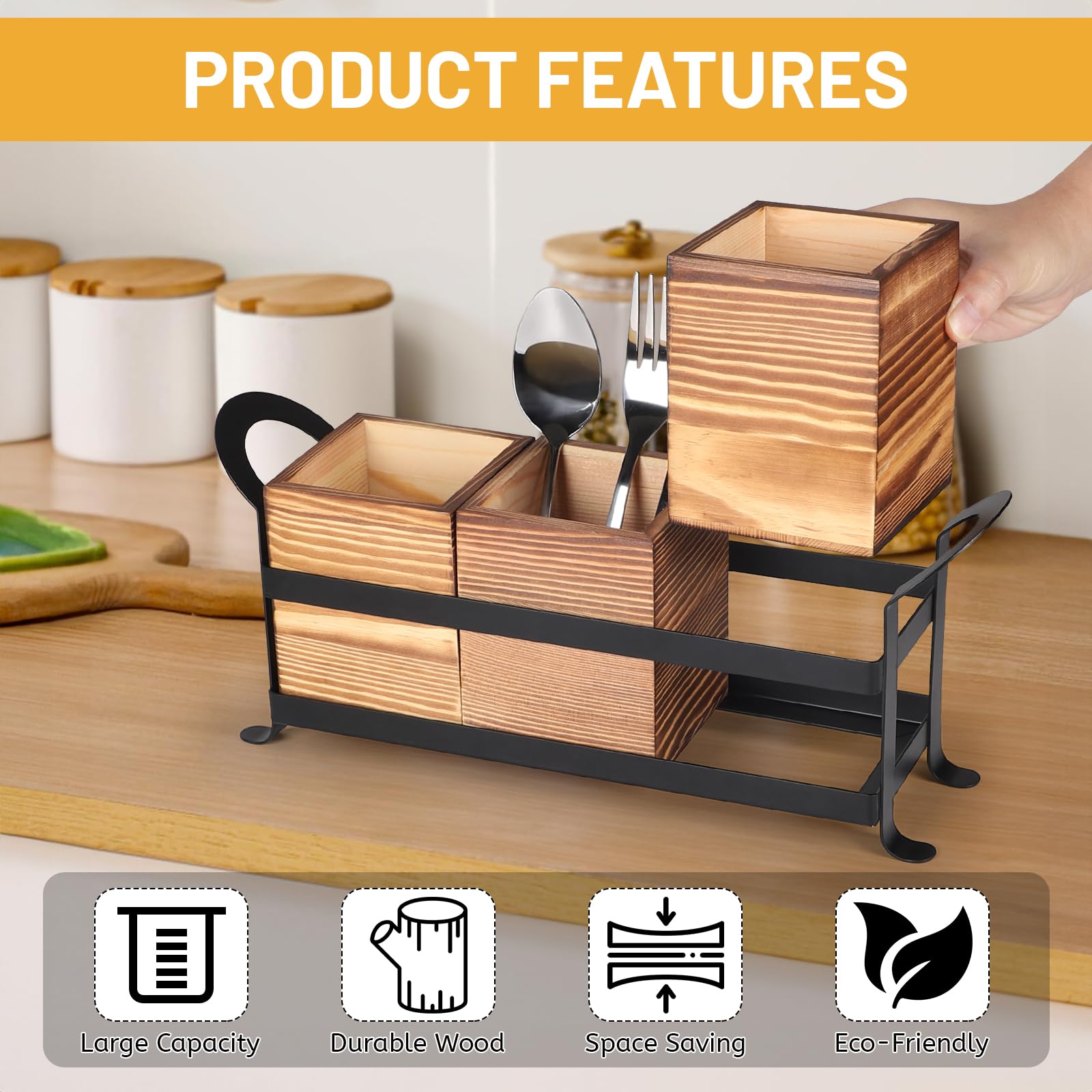 lalago 3-tlg. Besteckkasten Holz Metall, Besteckhalter Holz für Tisch, Holzbesteck Metallgestell, Besteckkorb Löffelhalter, Besteck Tisch Organizer, Besteckständer Esstischdeko für Küchentisch Braun