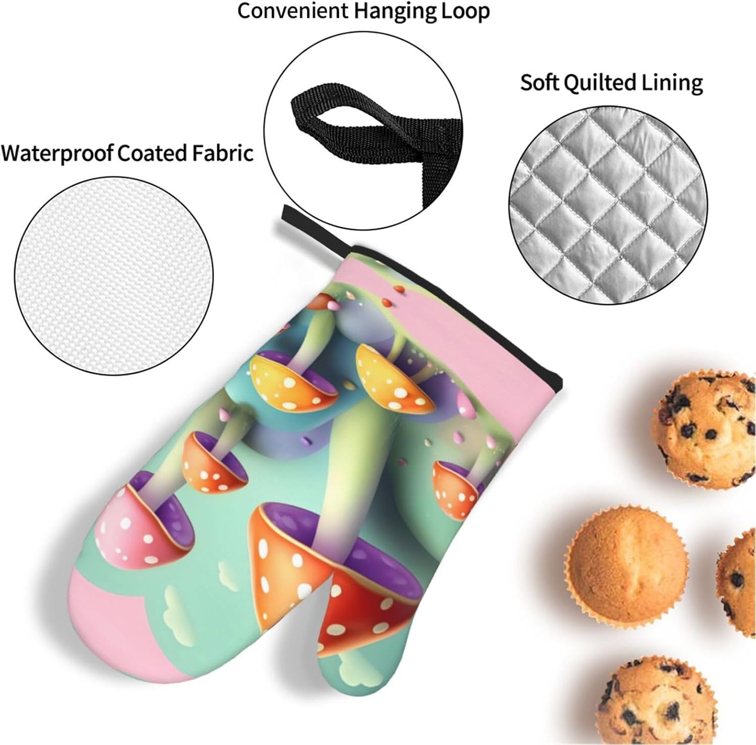 Dreamy Little Mushroom Oven gloves and heat-resistant mat 4-piece set. Suitable for grilling, microwave oven frying, and baking