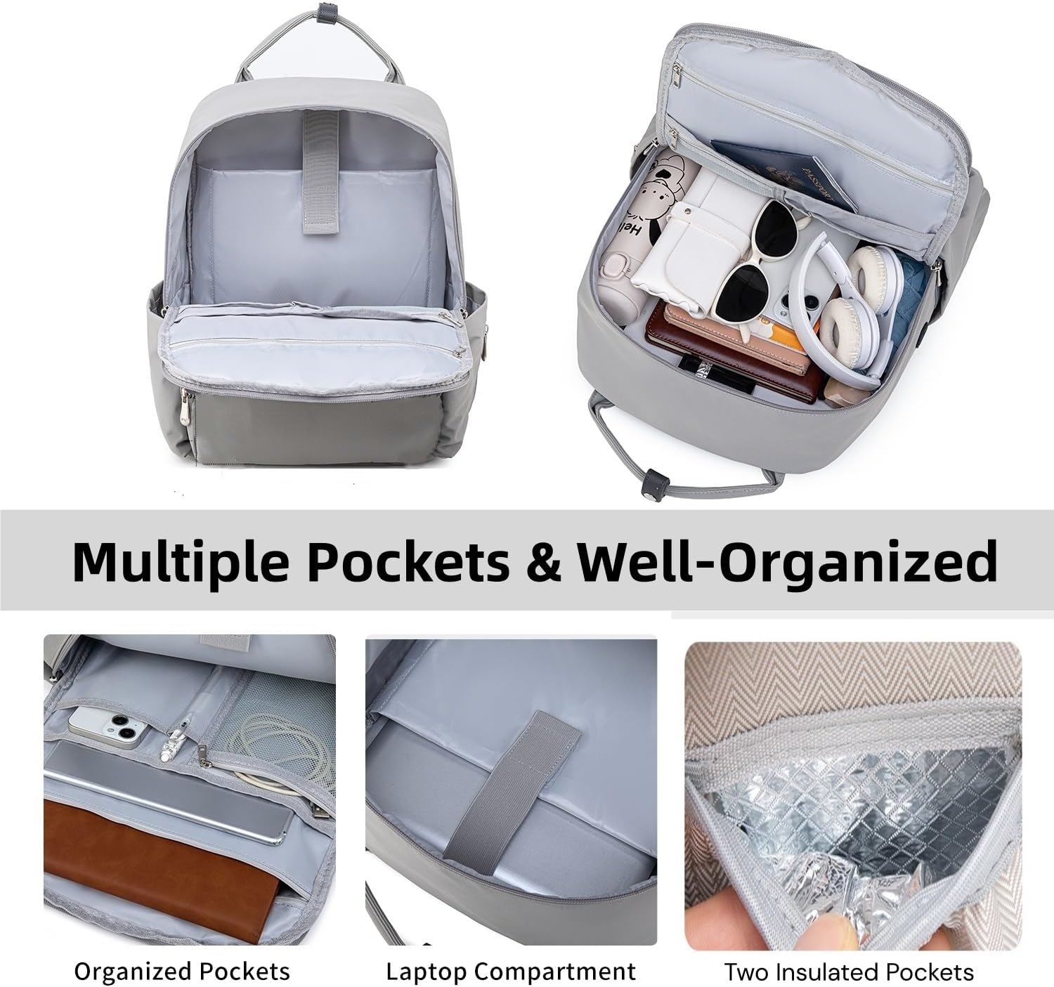 Laptop Backpack for Women, 15.6 Inch Work Business Backpacks Purse, College Bookbag for School, Waterproof Daypack for Travel (Grey)