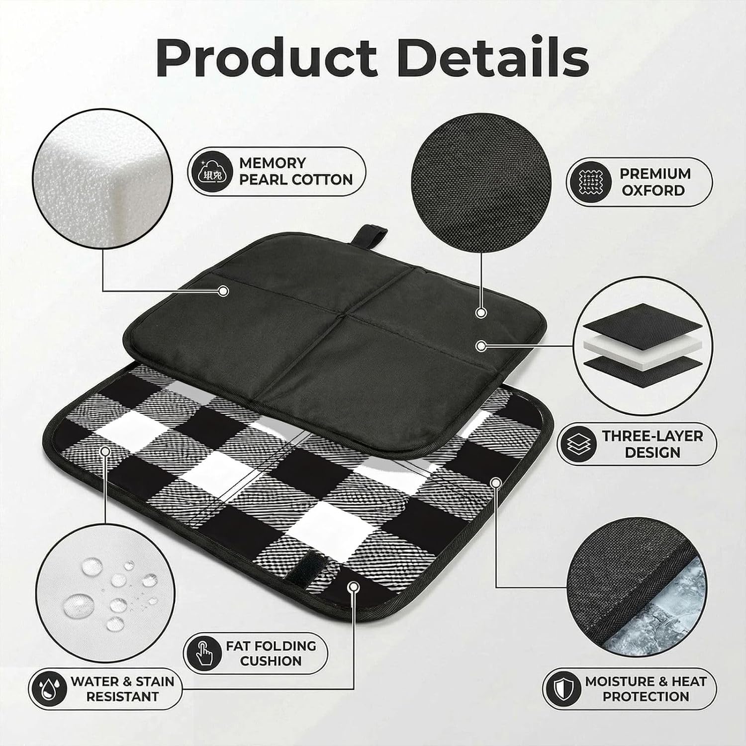 (Black and White Plaid) Sitting Pad Foldable Seat Cushion Lightweight Camping Seat Mat with Hook for Outdoor Hiking Picnic Camping