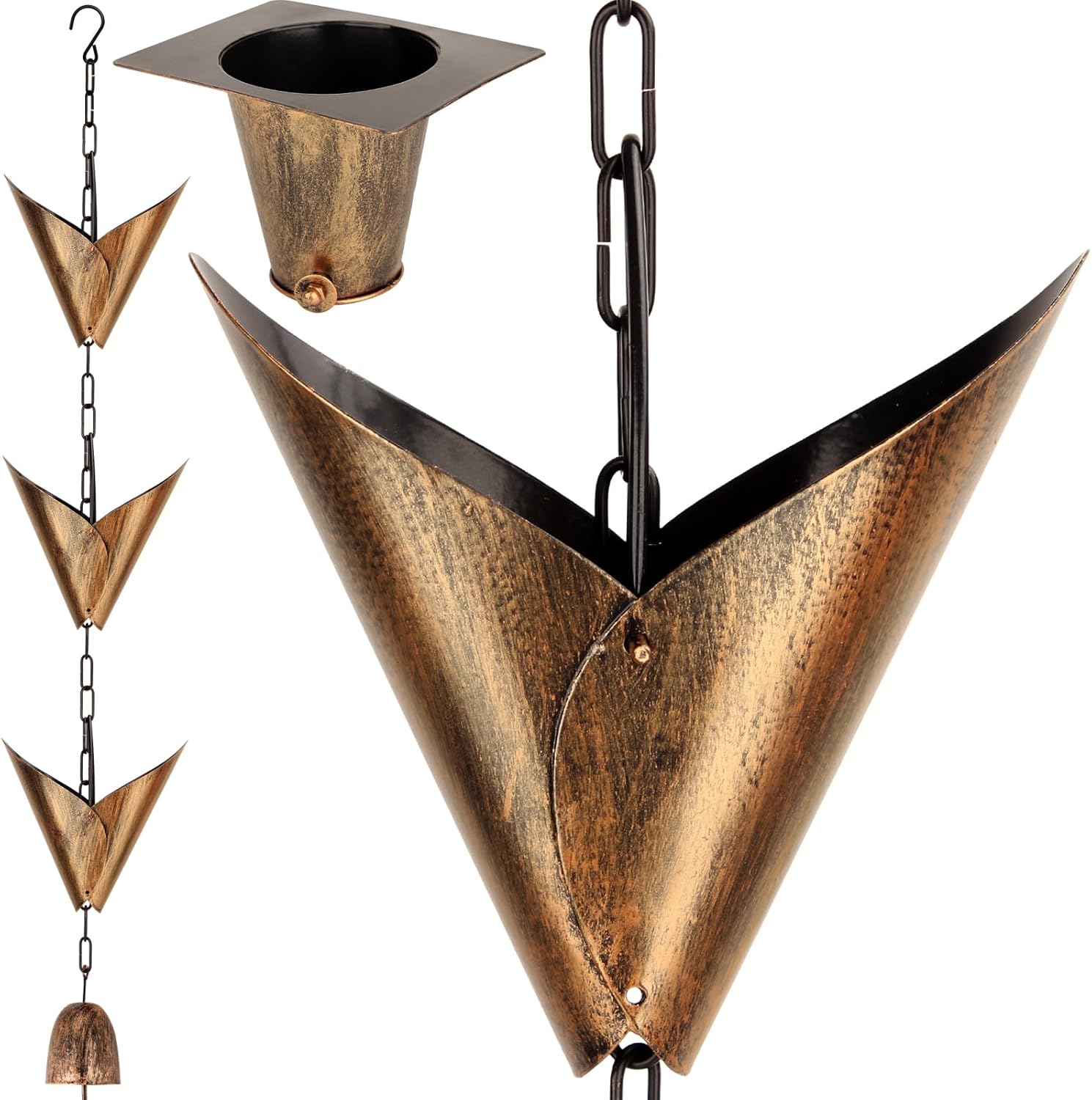 Rain Chain for Outside with Adapter,Wrought Iron Rain Chains 9 FT Set,Rain Chains Gutter with Brown Rain Chain 16 Cup and Decorative Hangers