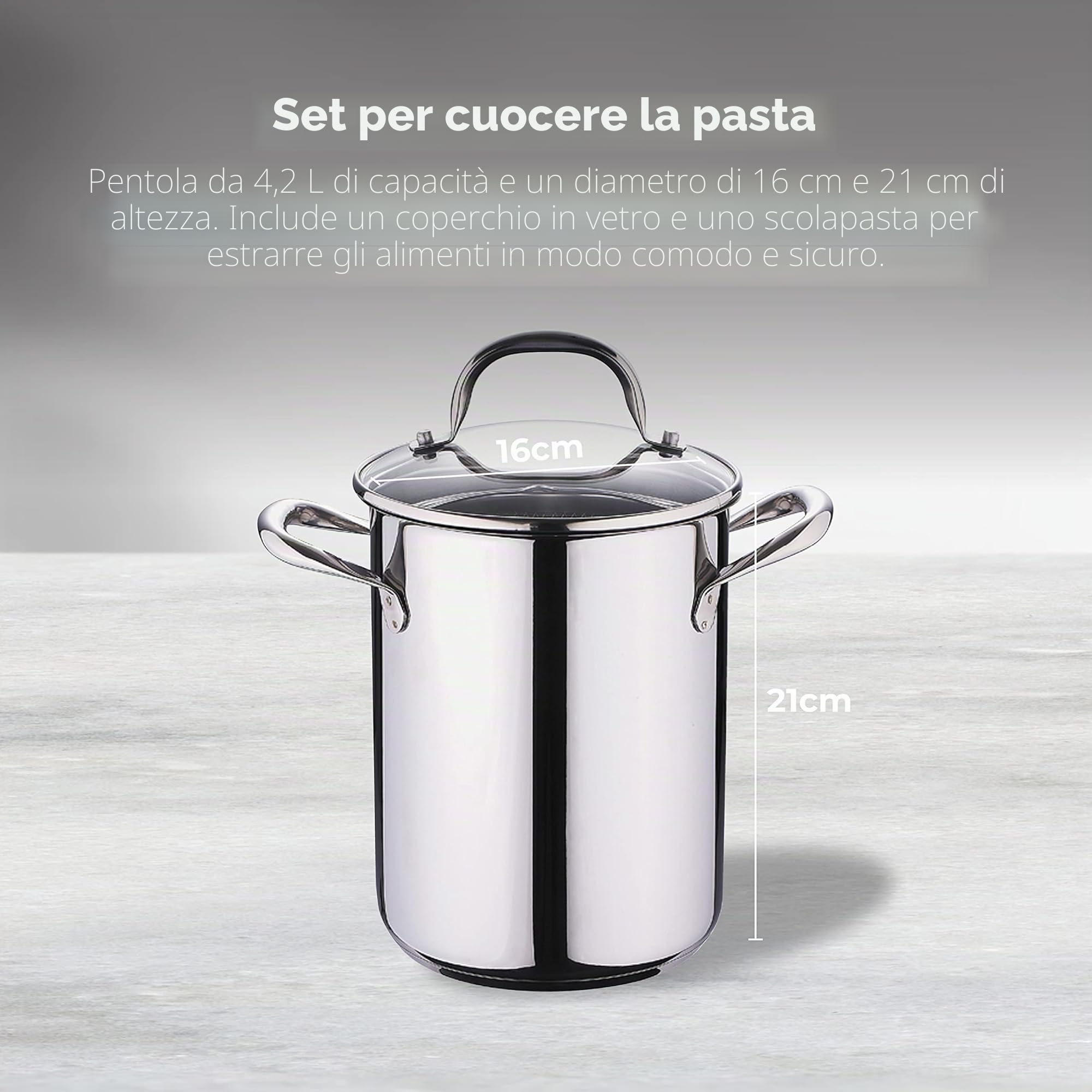 BERGNER Gourmet | Pentola da Cucina per Pasta | Coperchio di Vetro, Scolapasta e Capacità di 4,2L | Acciaio Inox | Molto Resistente, Pulizia Facile e Per Tutti i Piani Cottura