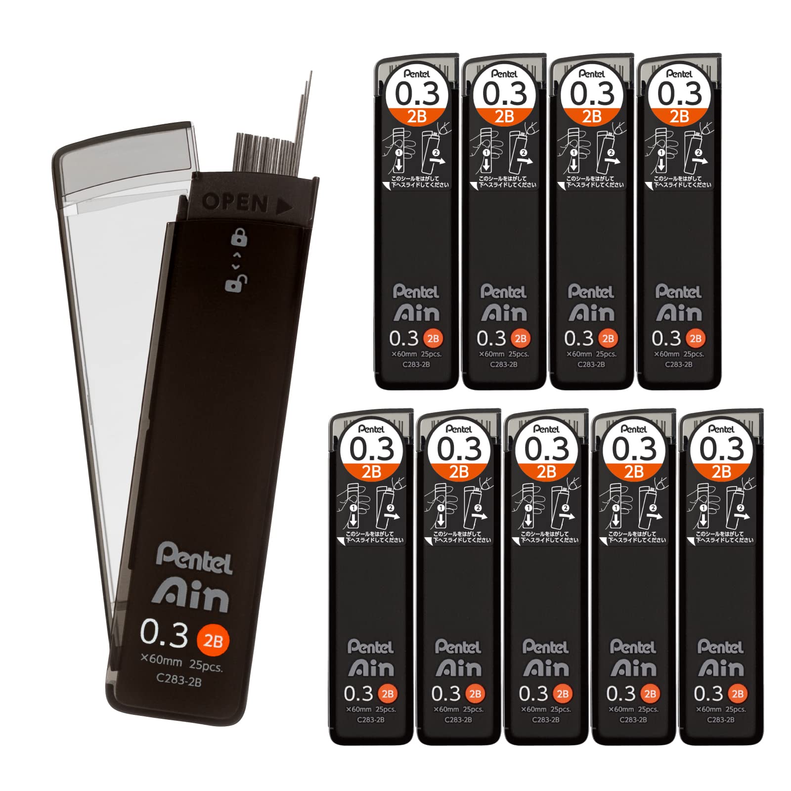 Pentel Ain Lead Refill • 0,3 mm • 2B • Caja de 10