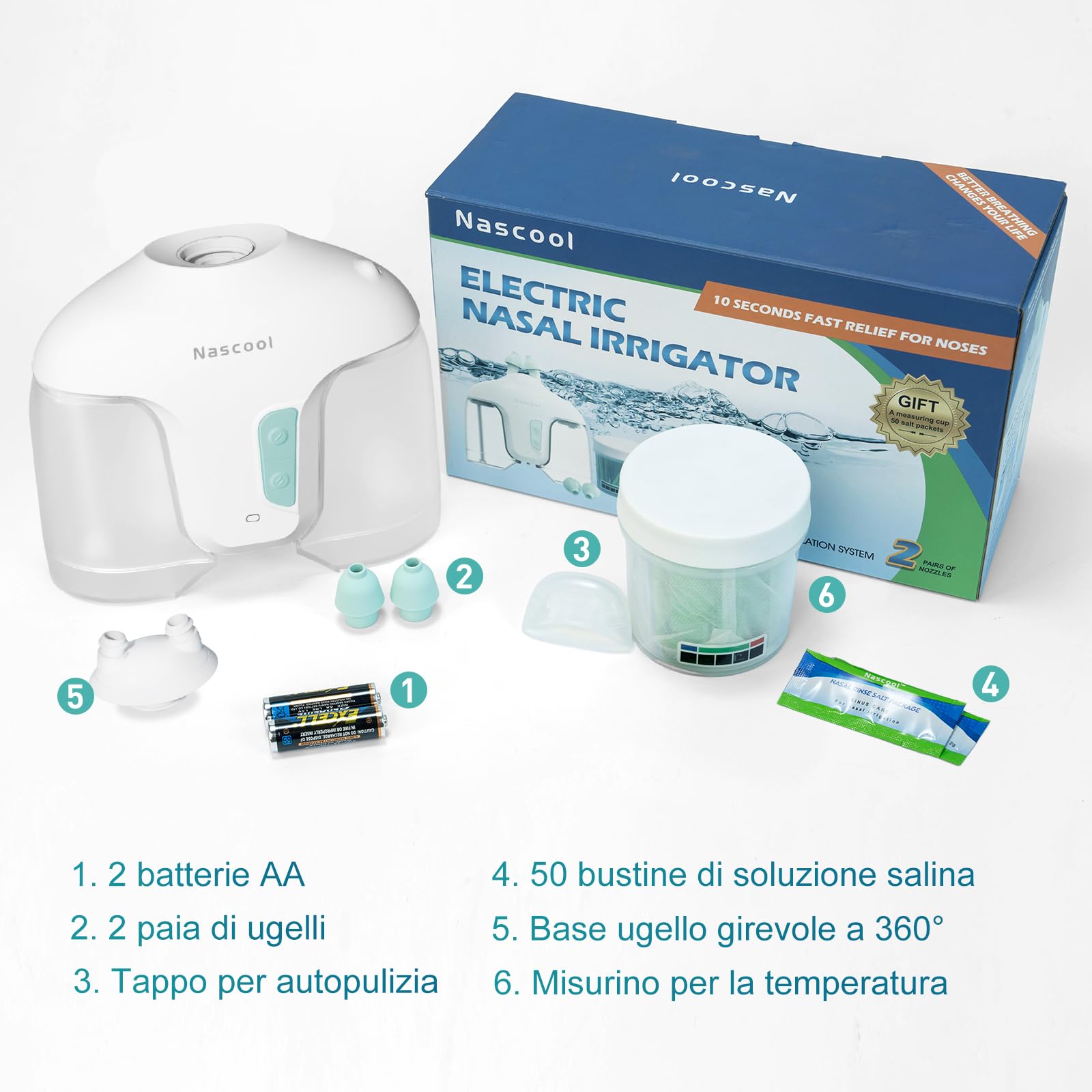 Nascool Sistema di irrigazione nasale elettrico per alleviare i sintomi dei seni adulti con 50 confezioni di soluzione salina, bianco