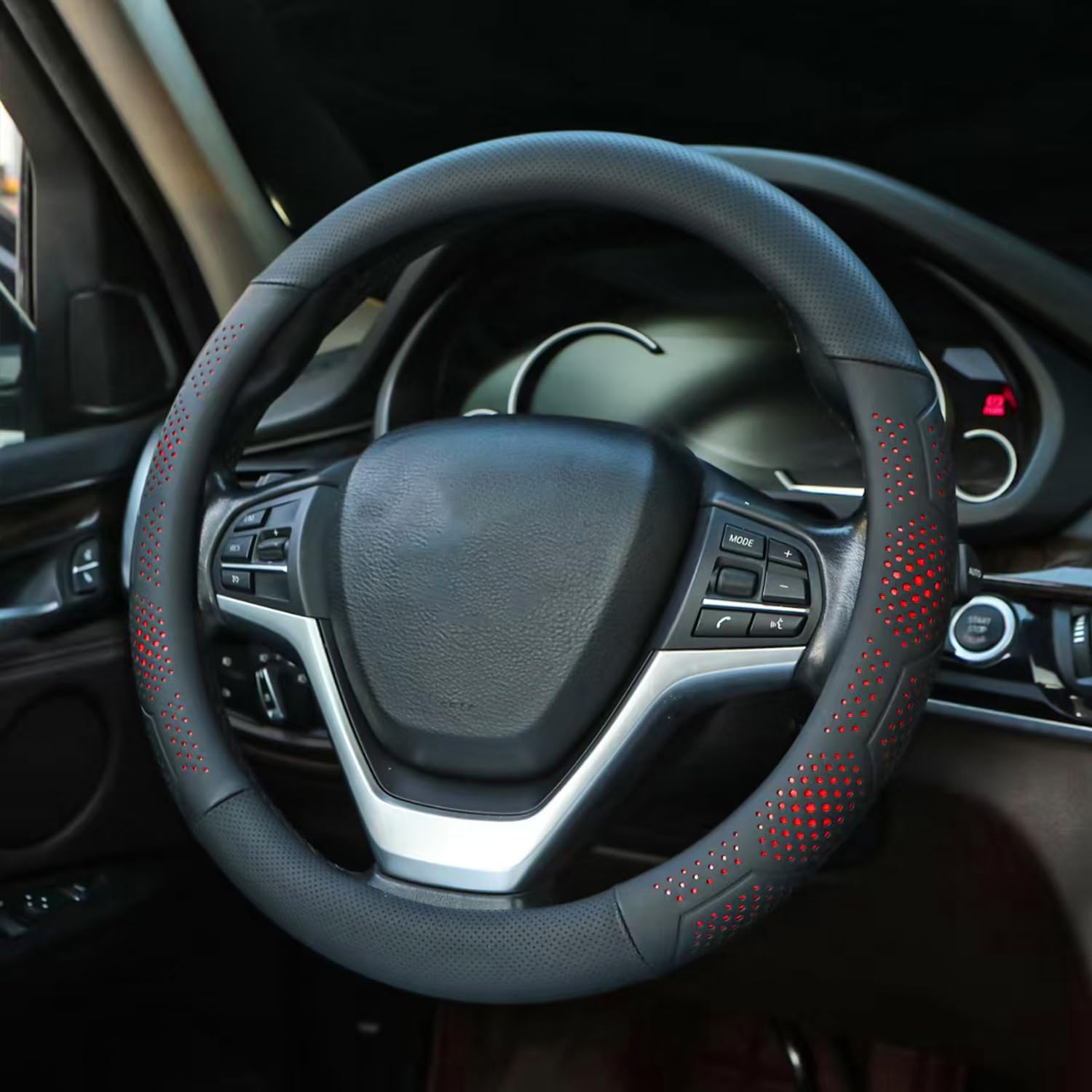 Leather Steering Wheel Cover for Dodge Ram 1500 2500 3500/ for Ford F150 F250 F350/ for Toyota Tacoma 4Runner Tundra, 15.5-16 Inches Car Steering Wheel Cover, Red