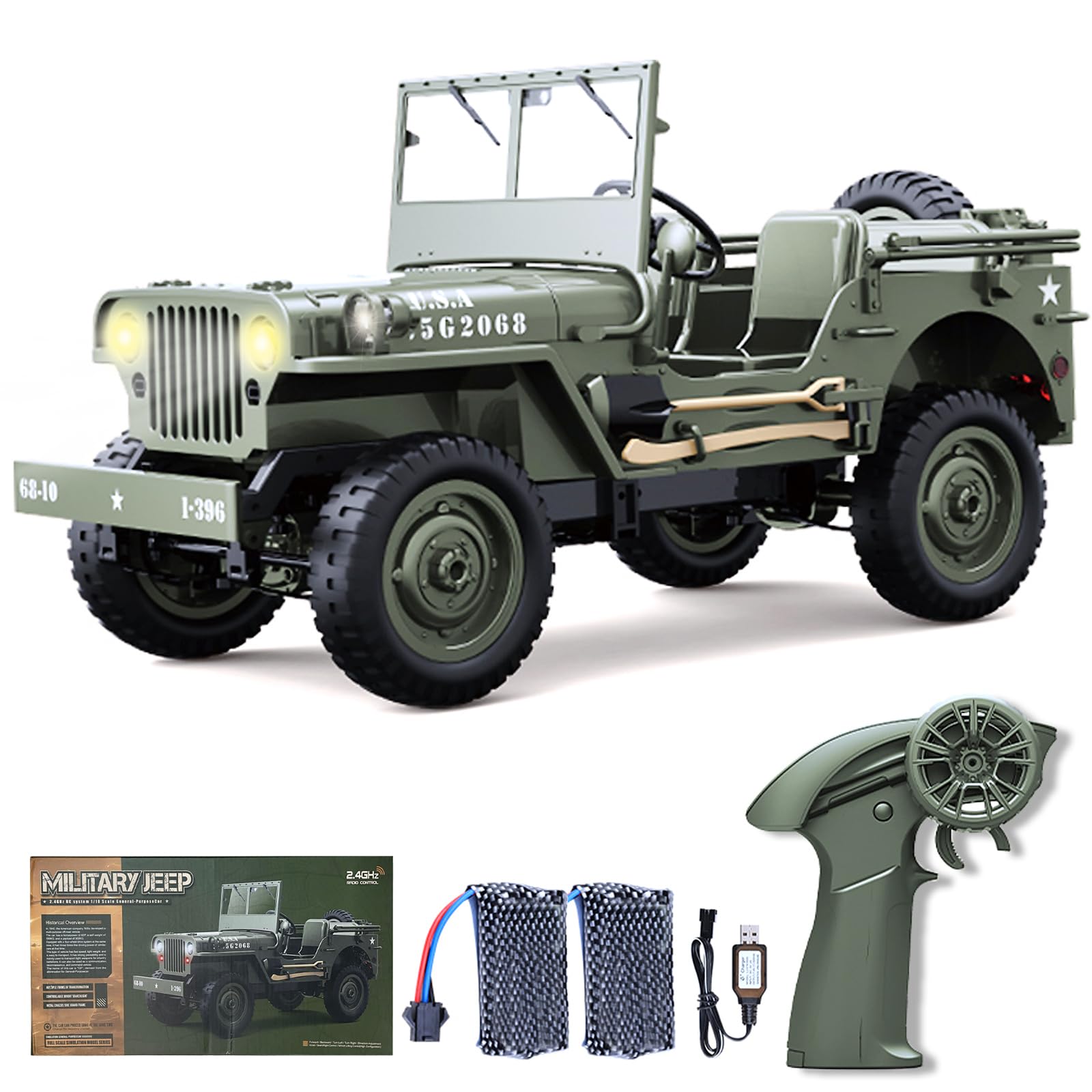 Kodbiby 1/10 Scale Military Truck RC Car, 4WD Off Road LED Lights, 2.4GHz 4WD RC Crawler, 45° Climbing, 2 Rechargeable Batteries, Green
