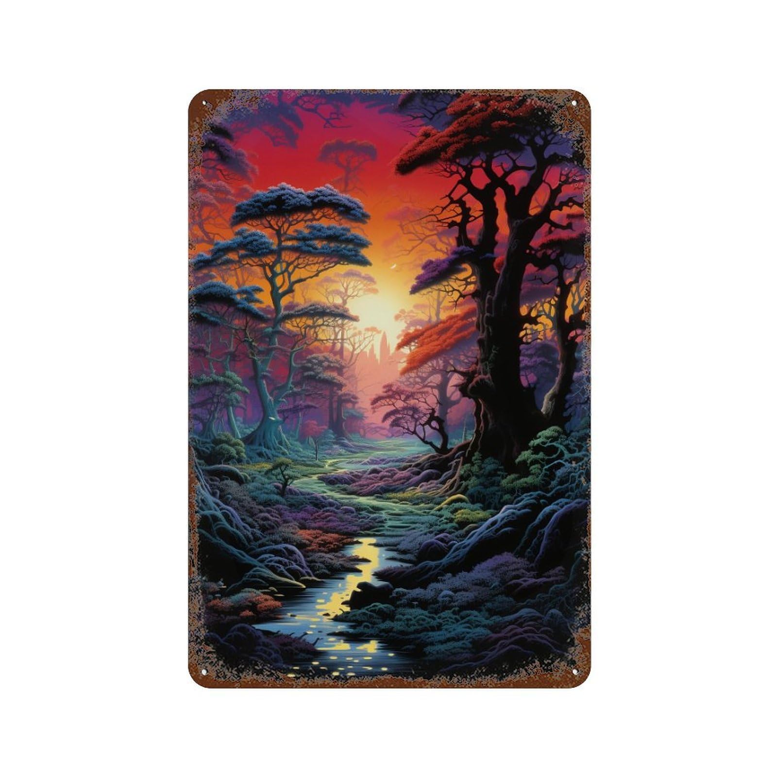 Enchanted Forest Sunset Vintage Metal Tin Sign 11.8"x7.9", Ideal for Basement, Hobby Room And Garage Decor