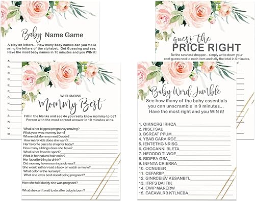 Blush Greenery - Paquete de juego de baby shower para 25 invitados, 4 juegos, juego de doble cara que conoce a mamá, Word Scramble, juego de nombre