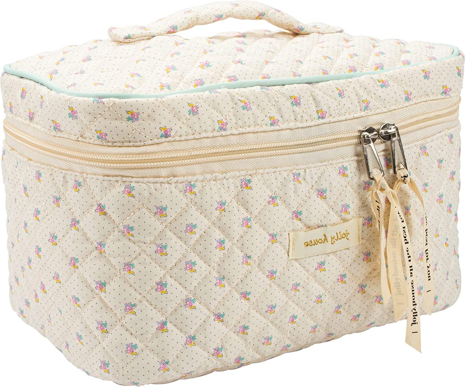 ZouwelFloral Quilted Makeup Bag Cotton Puffy Cosmetic Wash Pouch Large Capacity Travel Cosmetic Bag Cute Coquette Make Up Bag Organizer Aesthetic Toiletry Bag Women Teen Girls Travel Accessories (Beige)