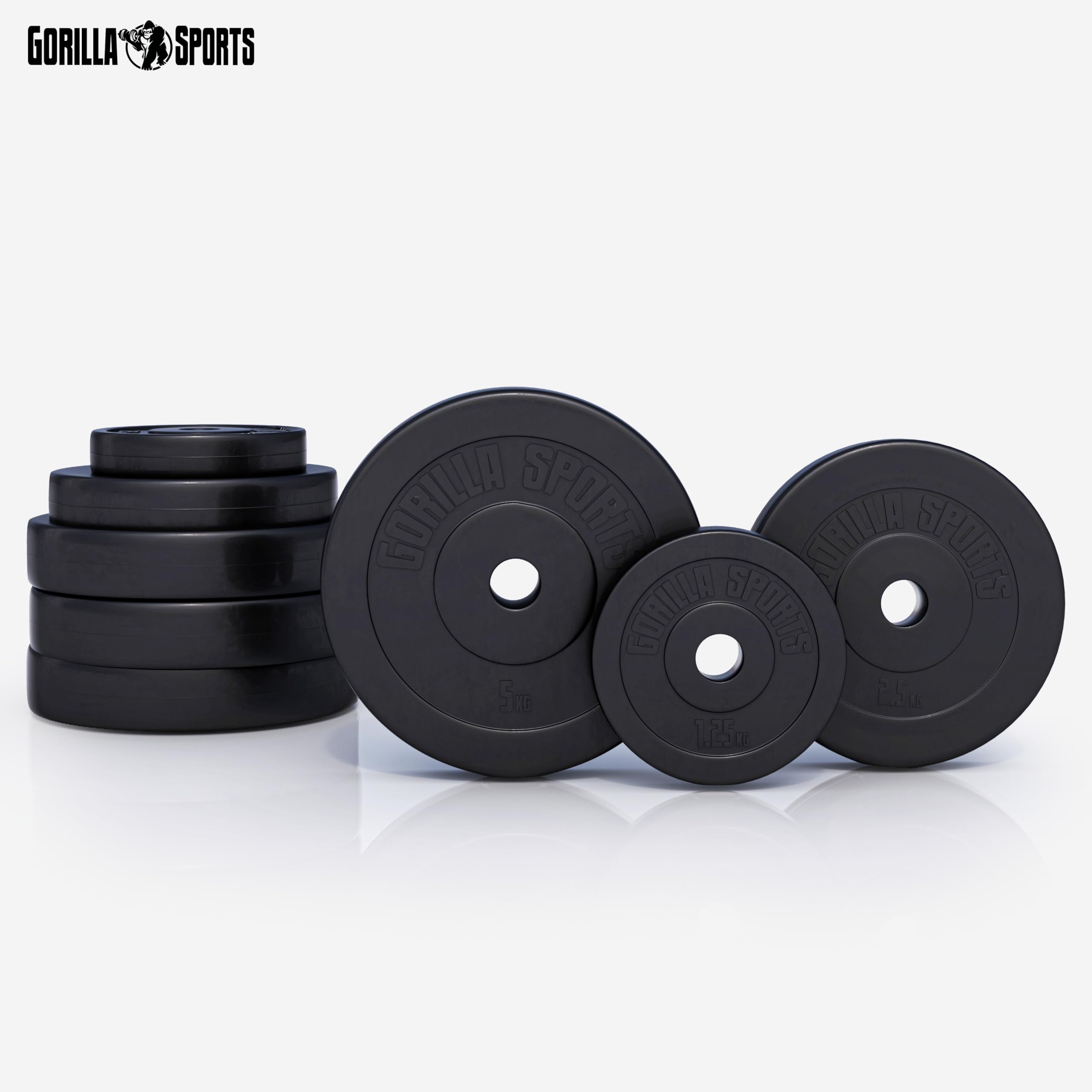 GORILLA SPORTS® Set Bilanciere con Pesi – 35kg, Barra Curva EZ 120cm, Ø30mm, Dischi in Plastica con Riempimento in Cemento, 2 Chiusure a Stella – Bilanciere Curl, Dischi, Palestra da Casa, Fitness