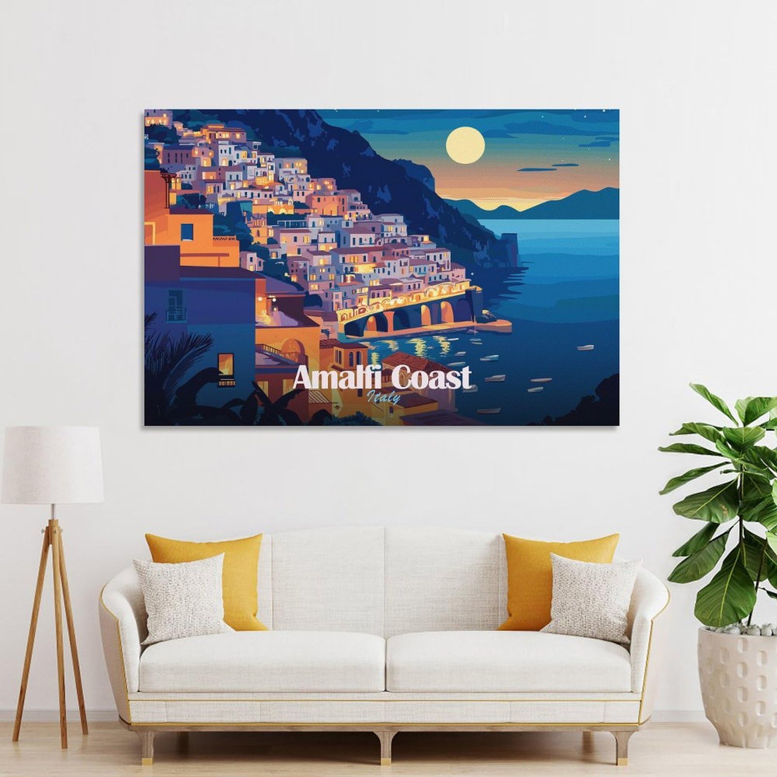 Junmoney Unframe-Style-2 Amalfi Coast Italy At Night Canvas Wall Art 16X24inch(40X60cm), For Workspace Walls, Study Corners Or Bedrooms, Wall Art That Adds Style To Work Areas