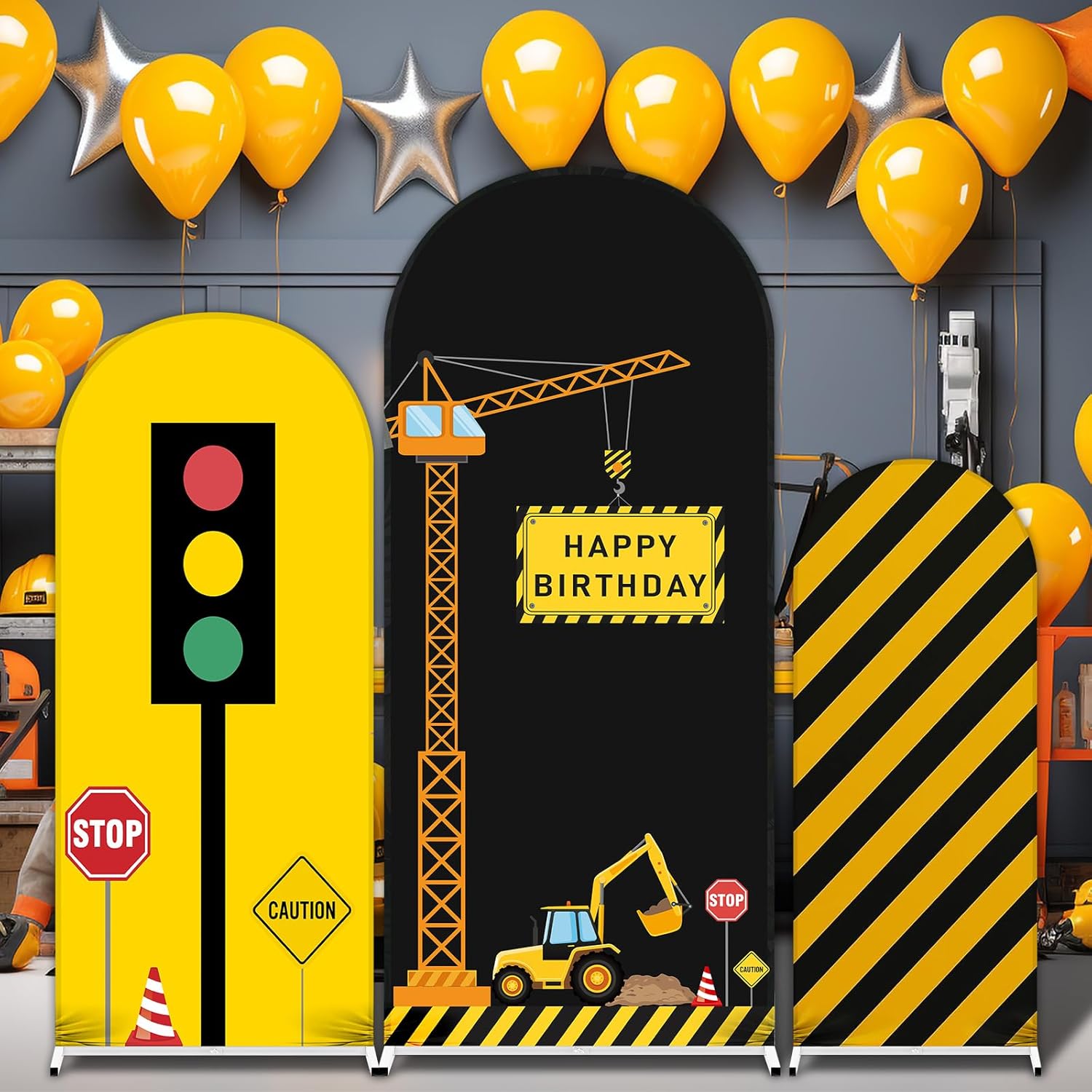 Construction Birthday Party Arch Cover Set of 3 Construction Arch Backdrop Spandex Stretch Backdrop Stand Cover 4ft, 5ft, 6ft (Traffic Light)