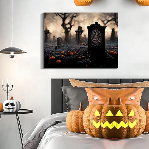 Miniatura 37 de Denozer Lienzo decorativo para pared de Halloween, castillo de terror de 32 x 24 pulgadas, decoración de pared de luna, decoración de otoño de Obra