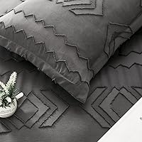 Vista 6 de WURUIBO Juego de edredón de 7 piezas en una bolsa de color gris oscuro, juego de edredón y sábanas de jacquard bohemio desgastado chic para todas