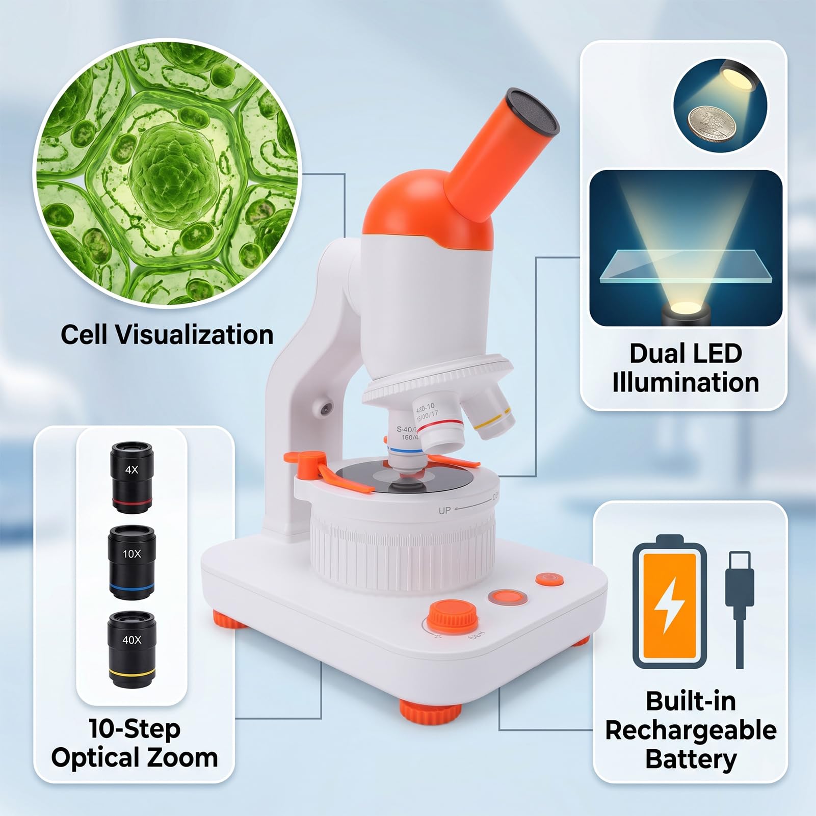 VBESTLIFE Microscopio para Niños, Aumento de 40-400X con 12 Diapositivas Preparadas y Luces LED Duales, para Estudiantes Principiantes, Laboratorio de Educación en el Hogar
