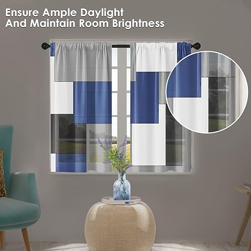 Vista 219 de Cortinas geométricas de cocina negras y grises de 63 pulgadas de largo, juego de 2, cortinas grises y blancas para dormitorio, sala de estar, Gris