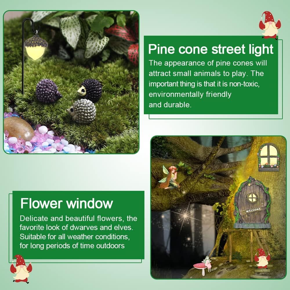 REFORUNG Puertas y Ventanas en Miniatura Puertas de Hadas para Árboles de Jardín Brilla en La Oscuridad Puerta de Gnomo para Jardin con Luz de Calle Decoraciones para Jardines/Árboles/Interior