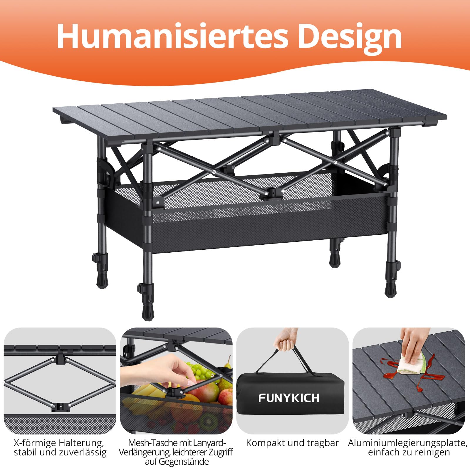 FUNYKICH Campingtisch Klappbar 82 x 40cm, Klapptisch mit 2 Höhenverstellbar(44/70cm), Einfache Montage, Tragbar Falttisch mit Netztasche Aluminium Aufrollbare Tischplatte für BBQ Camping Party Garten
