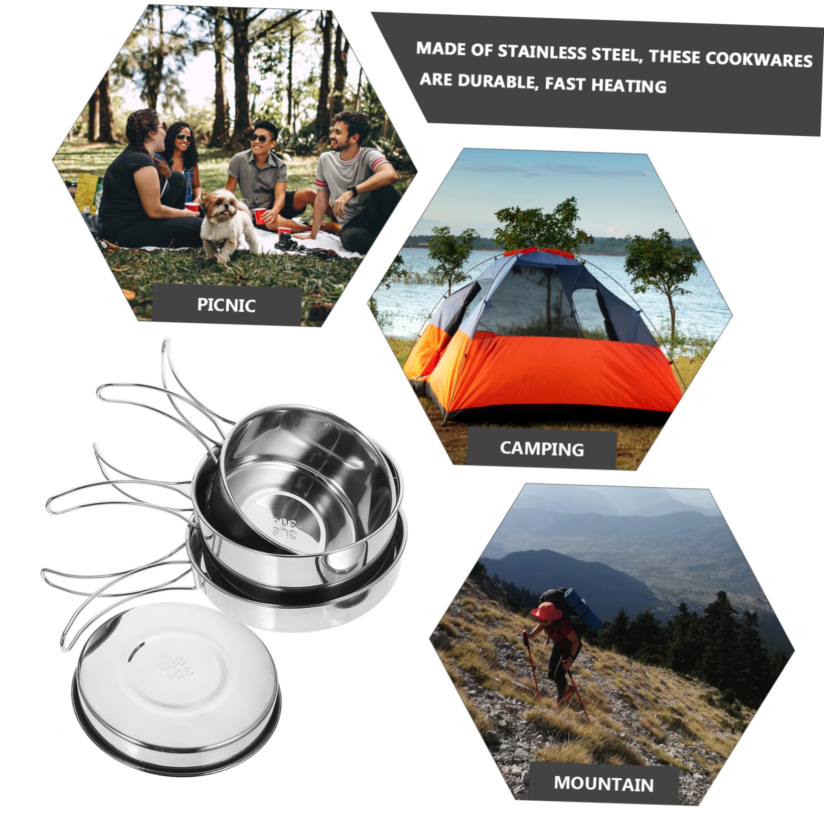 GAROZATION 1set Stainless Steel Camping Cookware Portable Outdoor Cups Plates Frying Pan Stew Pot for Camping Hiking Fishing and Barbecue Use