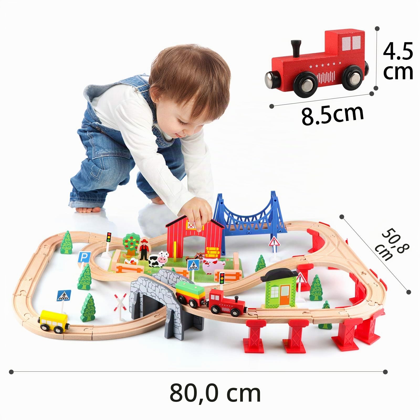Jacootoys 80 pezzi Trenino Legno Giocattoli Pista Macchinine Ferrovia Treno Giocattolo Giochi Educativi Fienile in fattoria per bambini da 3 anni