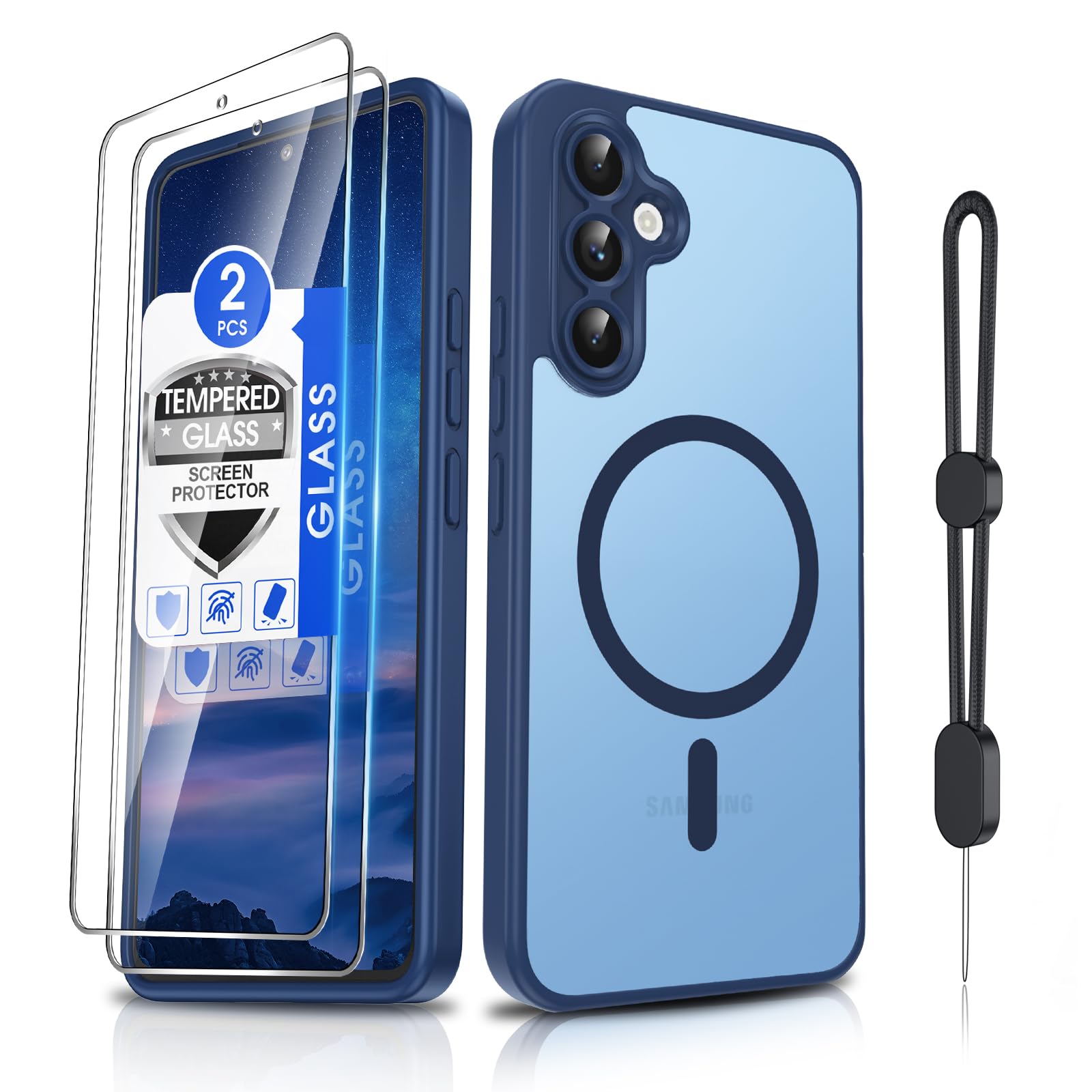 Dizn for Samsung Galaxy A54 Phone Case: with Tempered Glass Screen Protector [Compatible with MagSafe] with Strap, Matte Cover &amp; Military Grade Shockproof Protective A54, Funda para A54,Sapphire Blue