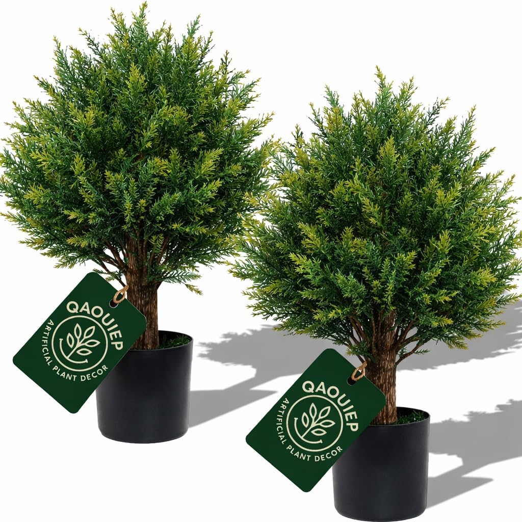 Artificial Cedar Topiary Trees - 24" Tall 17" Wide Set of 2 | Outdoor UV Resistant Fake Plants | Faux Evergreen Bushes Outdoor Indoor Porch Patio Décor | No Maintenance