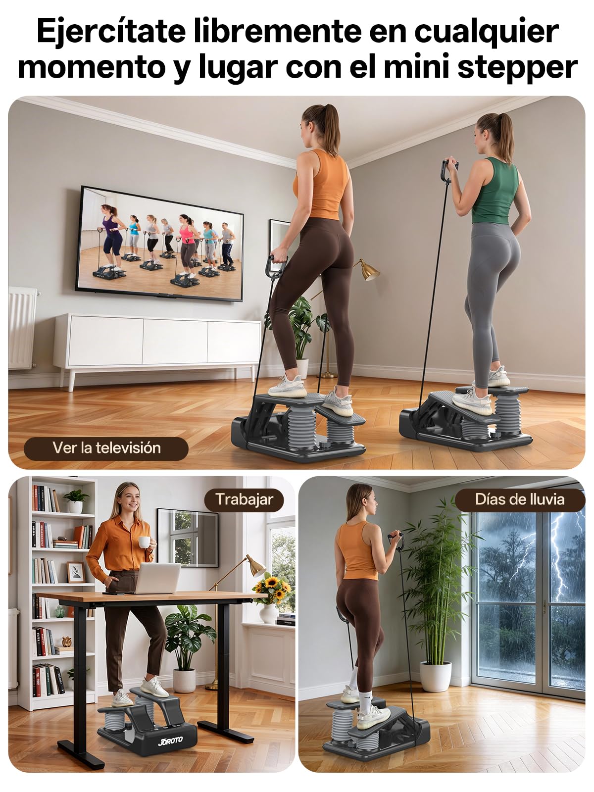 JOROTO Stepper de Resistencia de Aire para Casa, Mini Stepper con Intensidad Ajustable de 5 Niveles + Bandas, 300 LBS/136 KG, Silencioso, Pantalla LED Recargable, para Apartamento & Home Gym