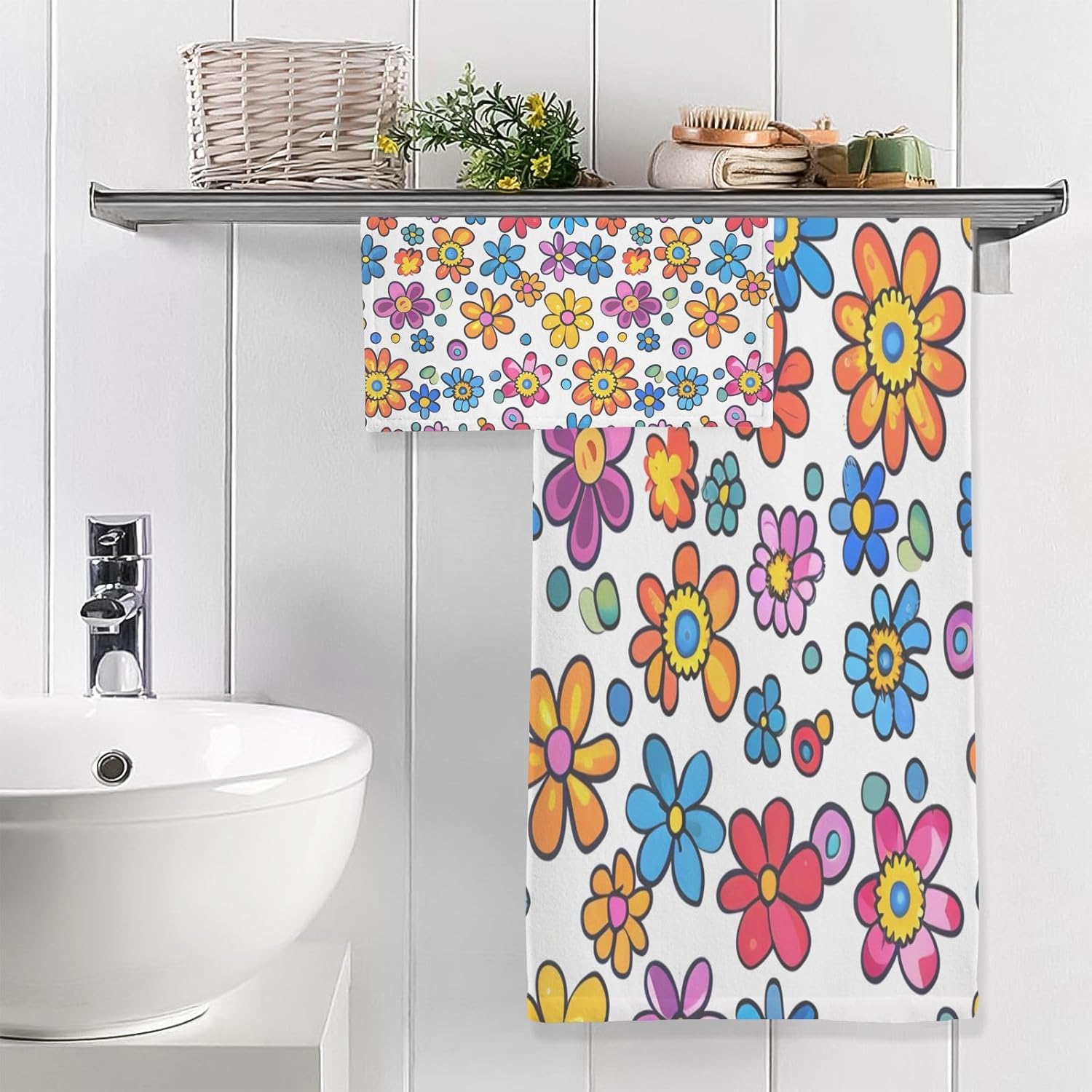 Hand Towels Premium Soft and Highly Absorbent Design with Colorful Flower 2 Pcs Towels for Bathroom Set 100% Cotton Decorative Face Towels