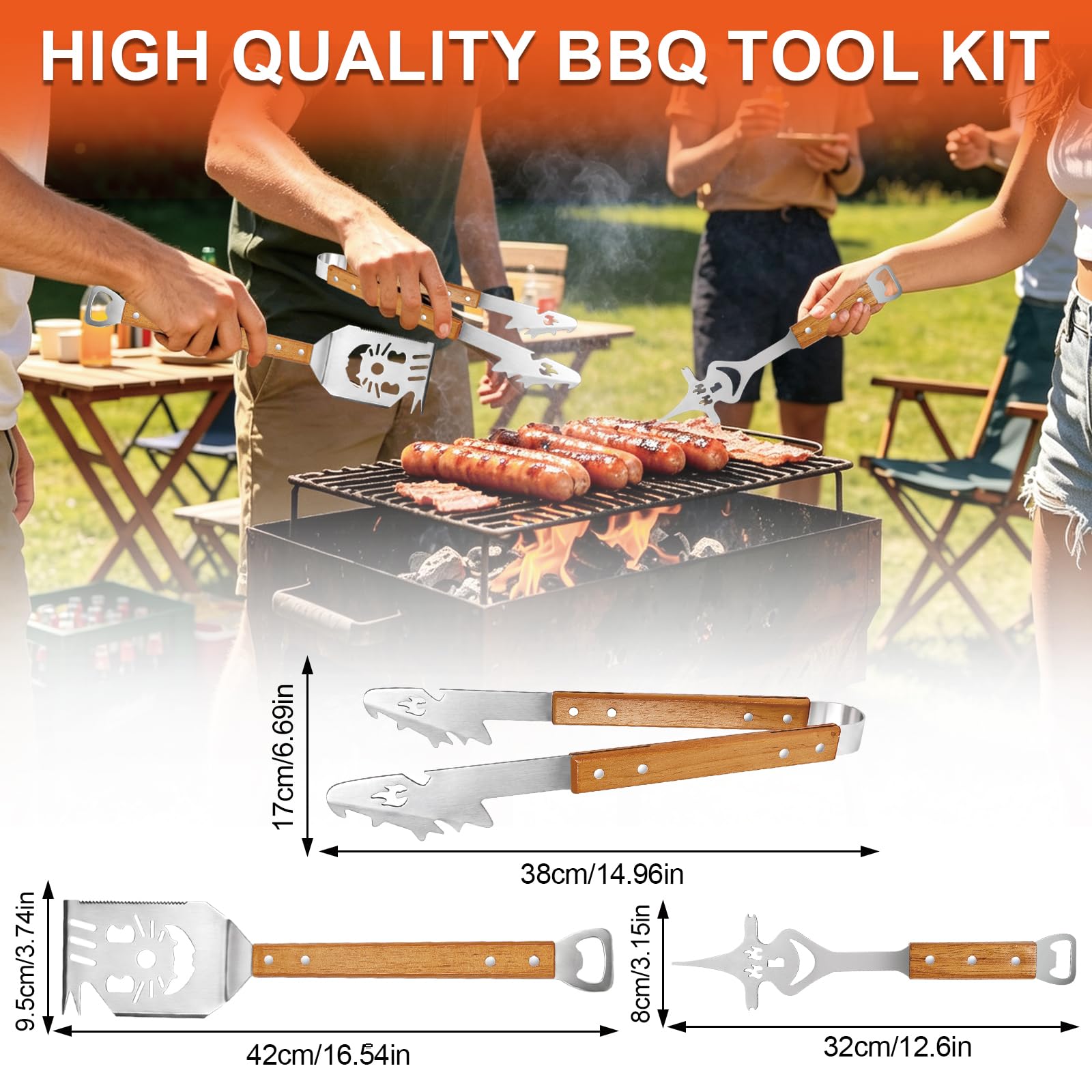 3 Pièces Kit Barbecue,Set Barbecue avec Sac de Transport,Ustensiles Barbecue Acier Inoxydable et Bois,Set Accessoires Barbecue pour Camping et Jardin,Cadeau Homme (Kit Barbecue 3 Pièces)
