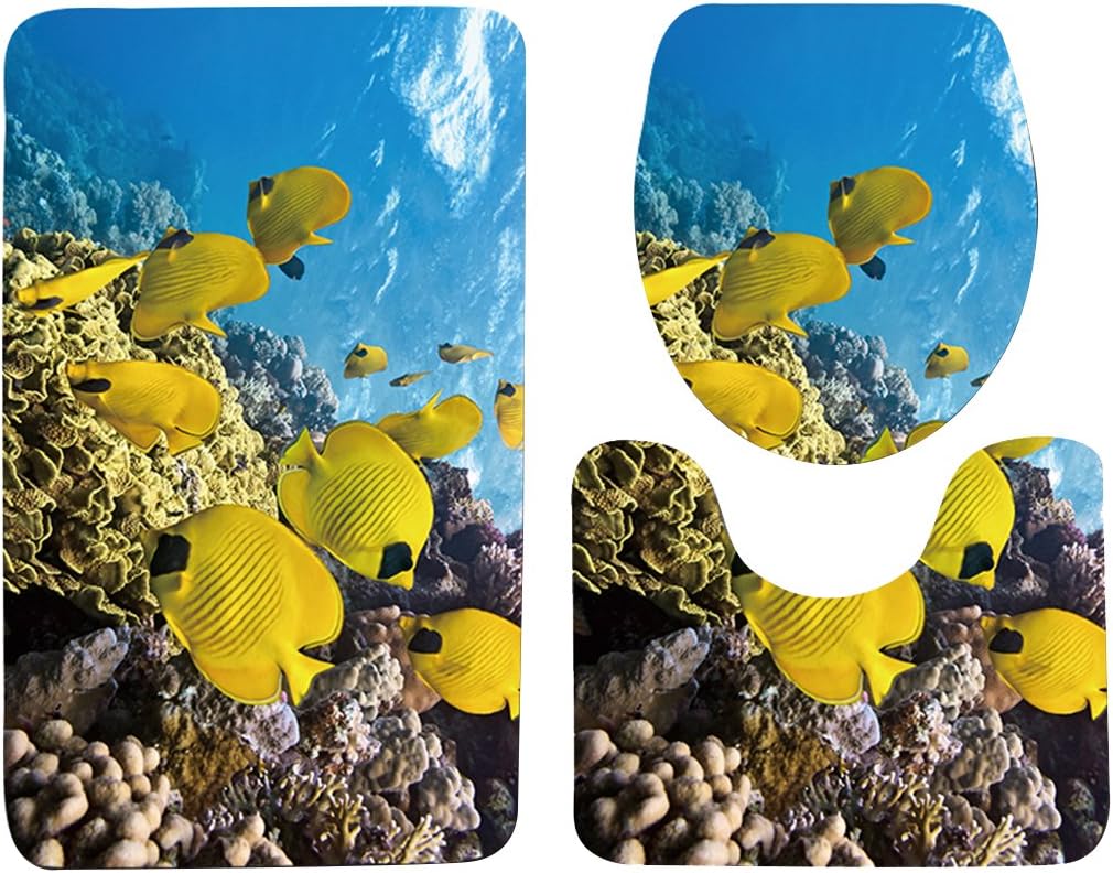 set of 3 pieces bathroom mats, rectangular bath mat 75 cm x 45 cm, bath mat/toilet lid/toilet seat set, mat with 3D pattern, Polyester, Unterwasserwelt, Badvorleger 75 x 45 CM