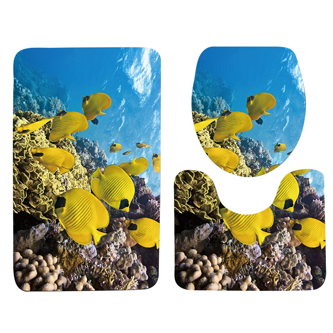 set of 3 pieces bathroom mats, rectangular bath mat 75 cm x 45 cm, bath mat/toilet lid/toilet seat set, mat with 3D pattern, Polyester, Unterwasserwelt, Badvorleger 75 x 45 CM