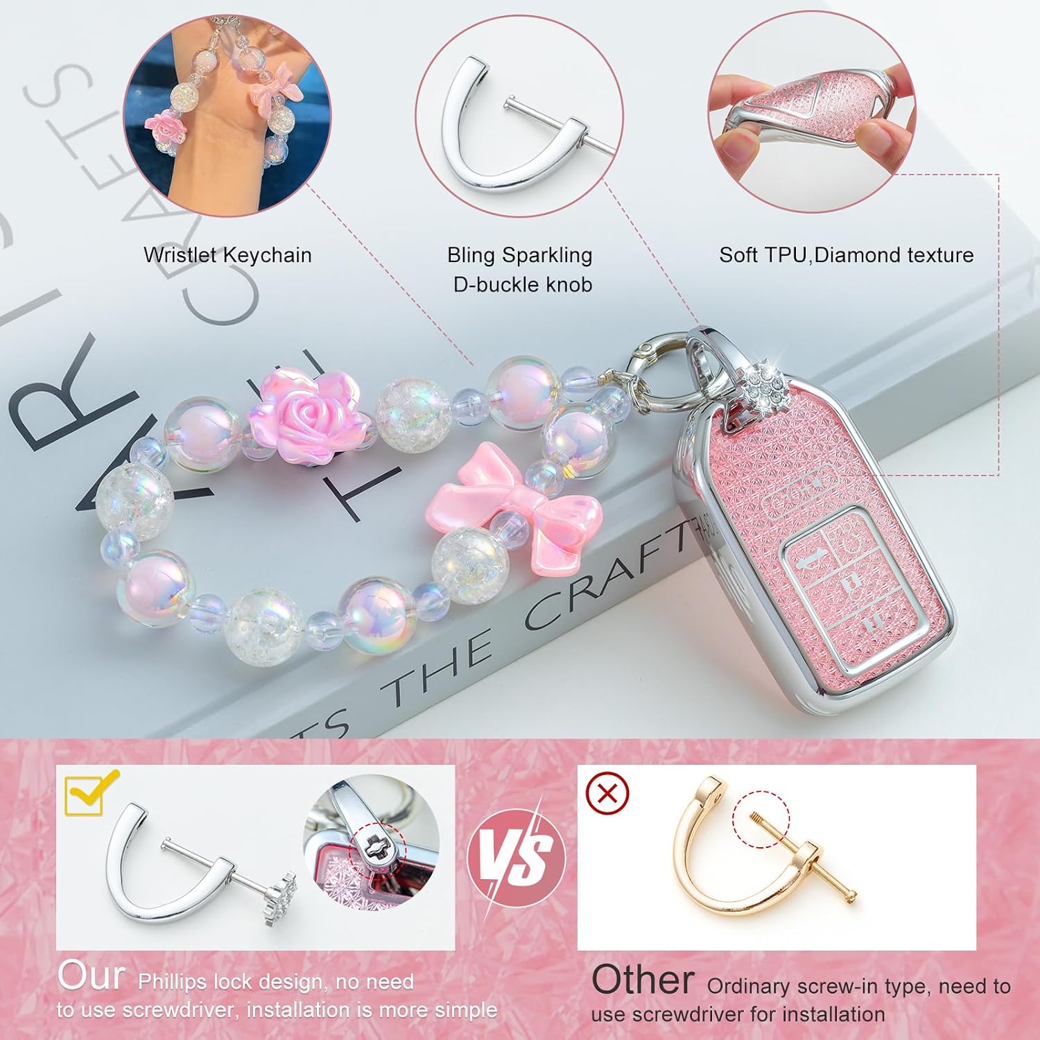Pangpai Pink Key Fob Cover for Honda Accord Civic CRV Pilot Odyssey Smart Key TPU Case with Keychain Lanyard, Women's Cute image 3