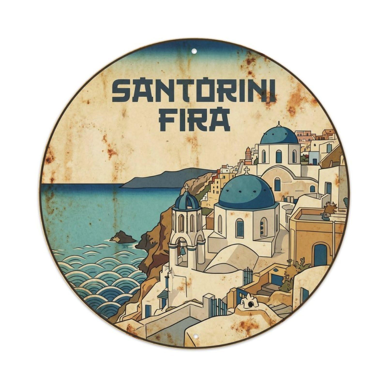 Santorini Fira Mediterranean Island Vintage Woodcut Metal Tin Sign