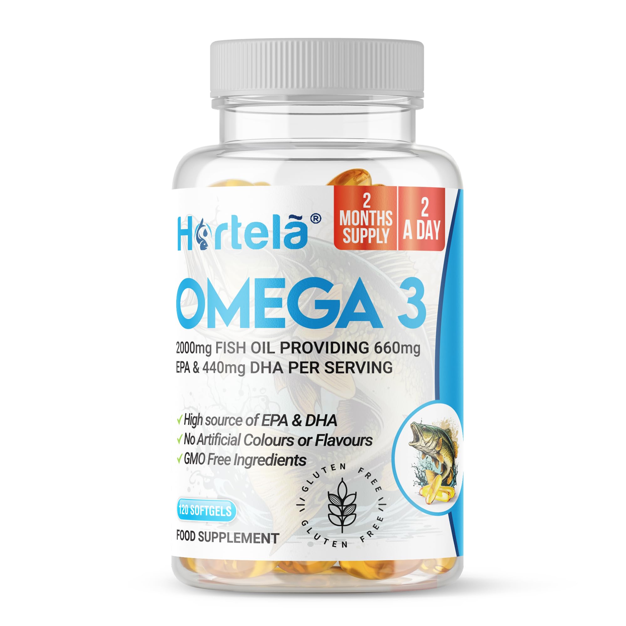 Omega 3 Fish Oil 2000mg, EPA 660mg DHA 440mg per Daily Serving. 120 Capsules (2 Months Supply). Supports Heart, Brain Function and Eye Health. 2 Capsules Per Serving