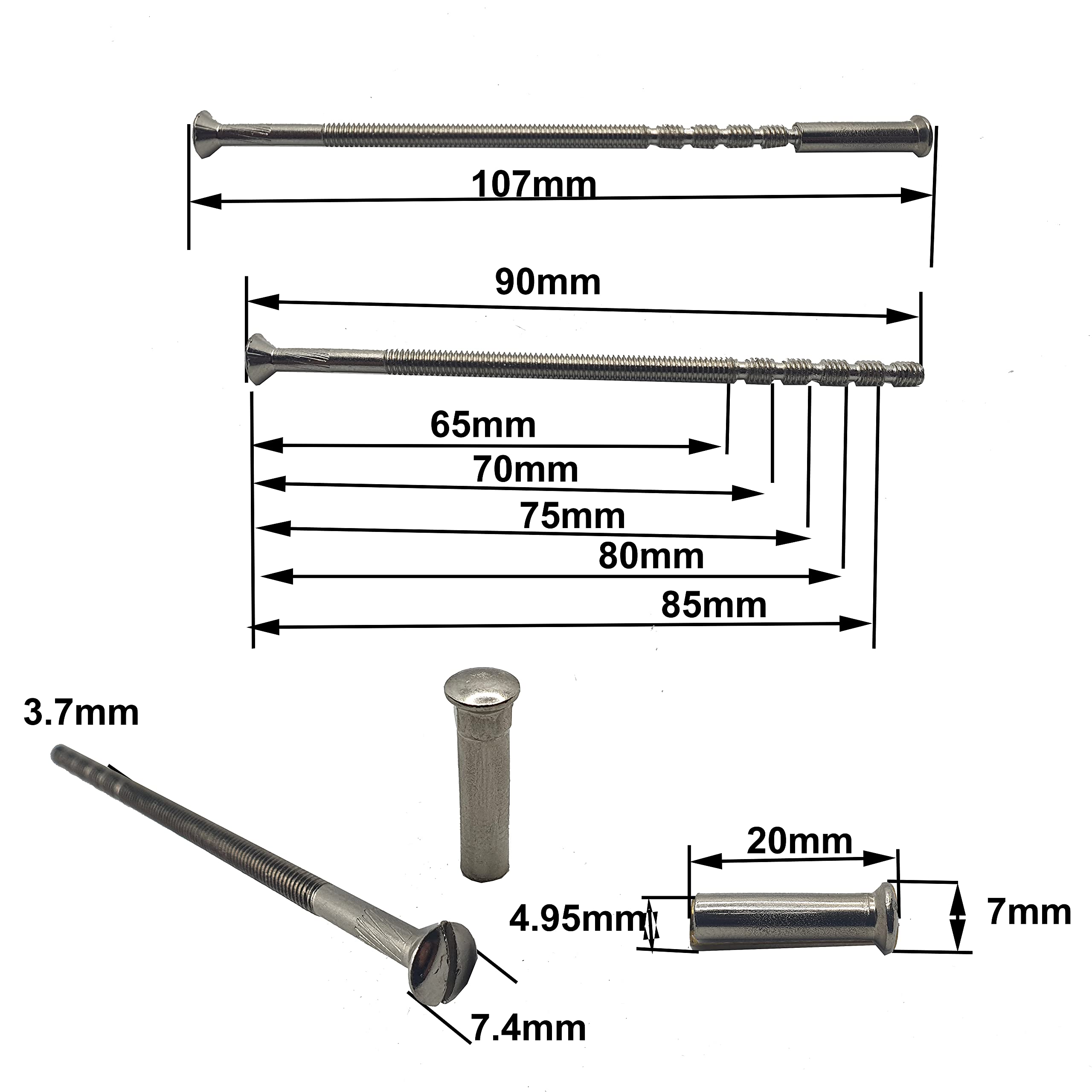 M4 x 90mm Chrome Door Handle SLOTTED-Screws with Chrome Security Bolt Carriage Sleeve Male to Female Connecting Screws for Door Han-dle - Image 2