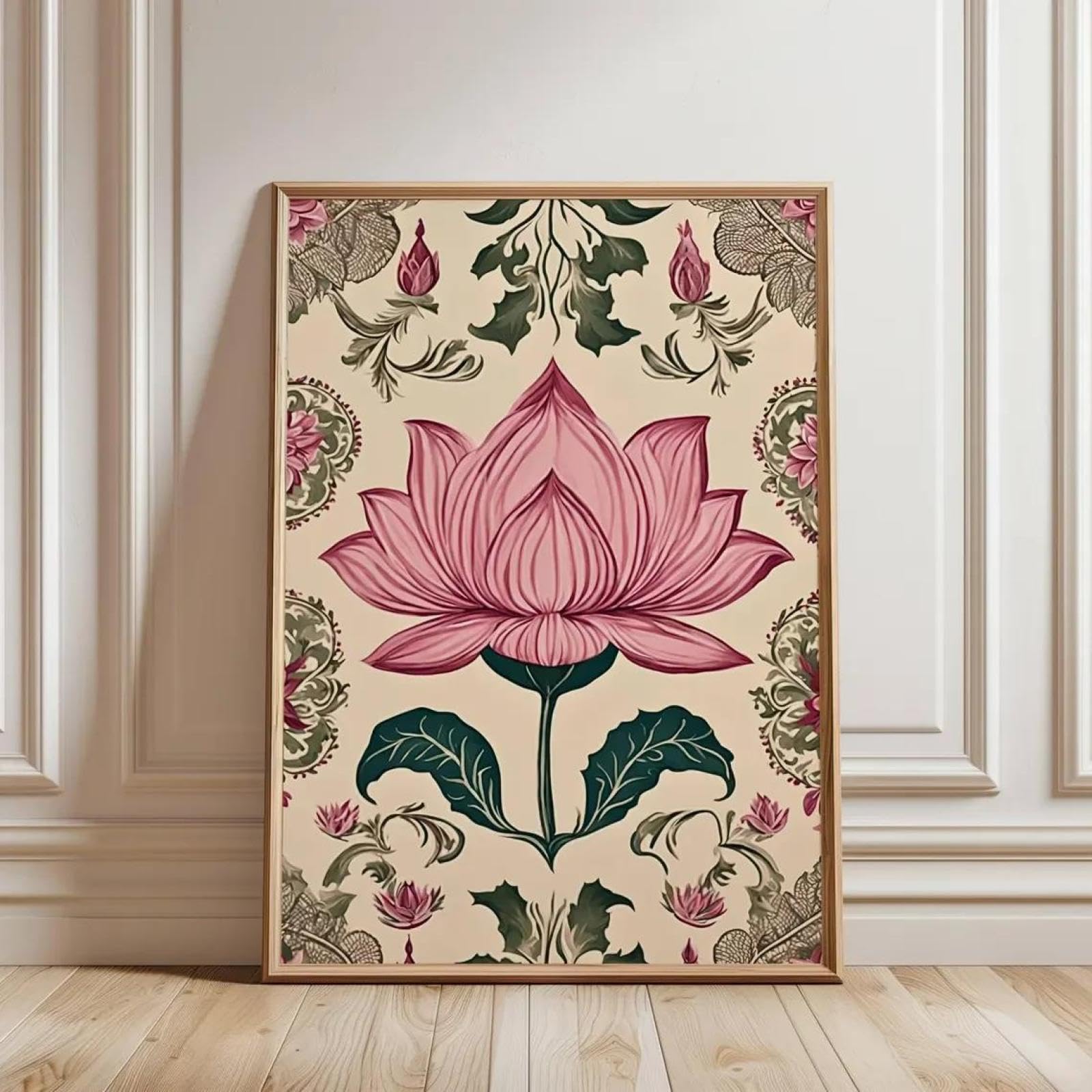 Baibexing Lotus Flower Vintage Mandala Canvas Painting Wall Art Poster, Indian Botanical Print, Traditional Floral Illustration, Boho Home Decor A6 30X40Cm Unframed