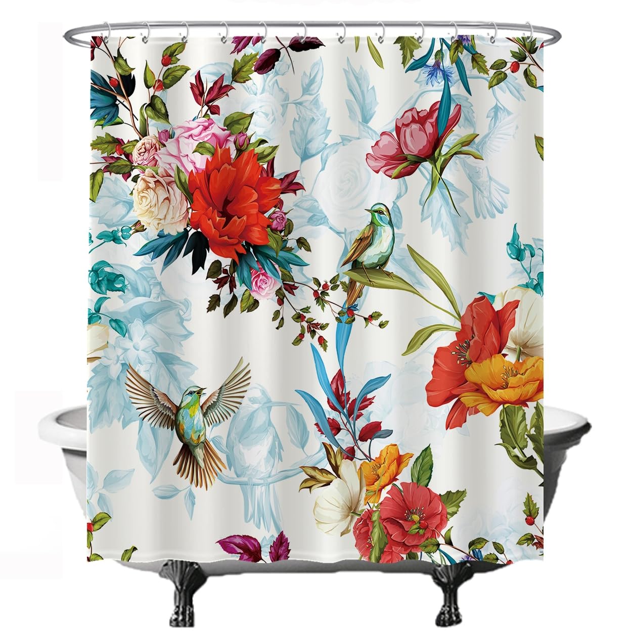 Ulticool - Cortina de Ducha - Flor Pájaro Natura - 180 x 200 cm - Cortina de Baño - Lavable - Antimoho - con 12 Anillas Blanco - Flowers - Rojo Rosa Naranja Azul Morado Verde