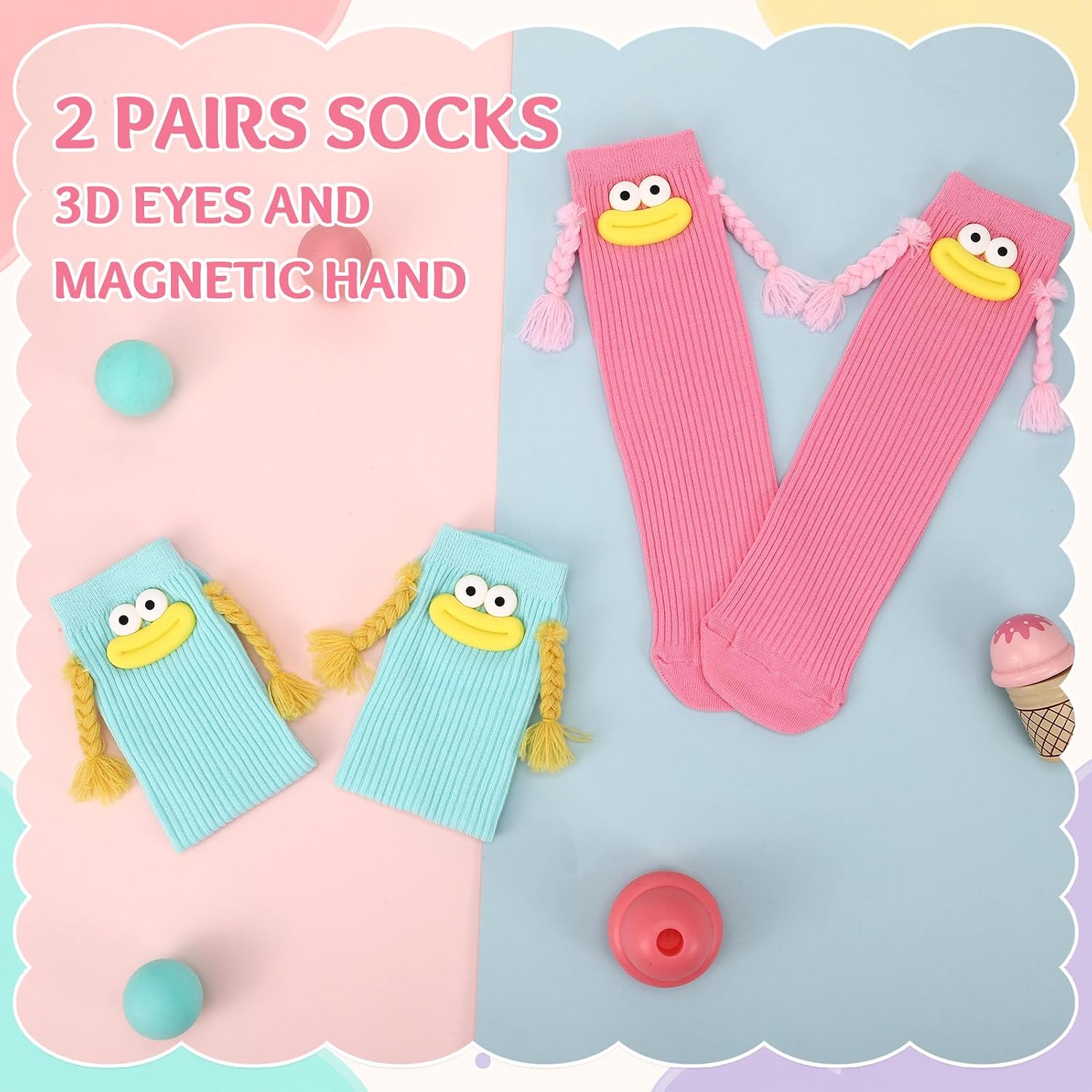 2 Pairs Crazy Socks for Kids Funny Novelty Silly Braid Hair Socks
