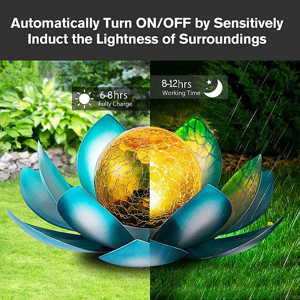 Lámpara solar LED de loto con bola de cristal agrietado, decoración de jardín al aire libre, linterna solar de metal, lirio de agua, luces LED de paisaje, lámpara de mesa al aire libre (azul)